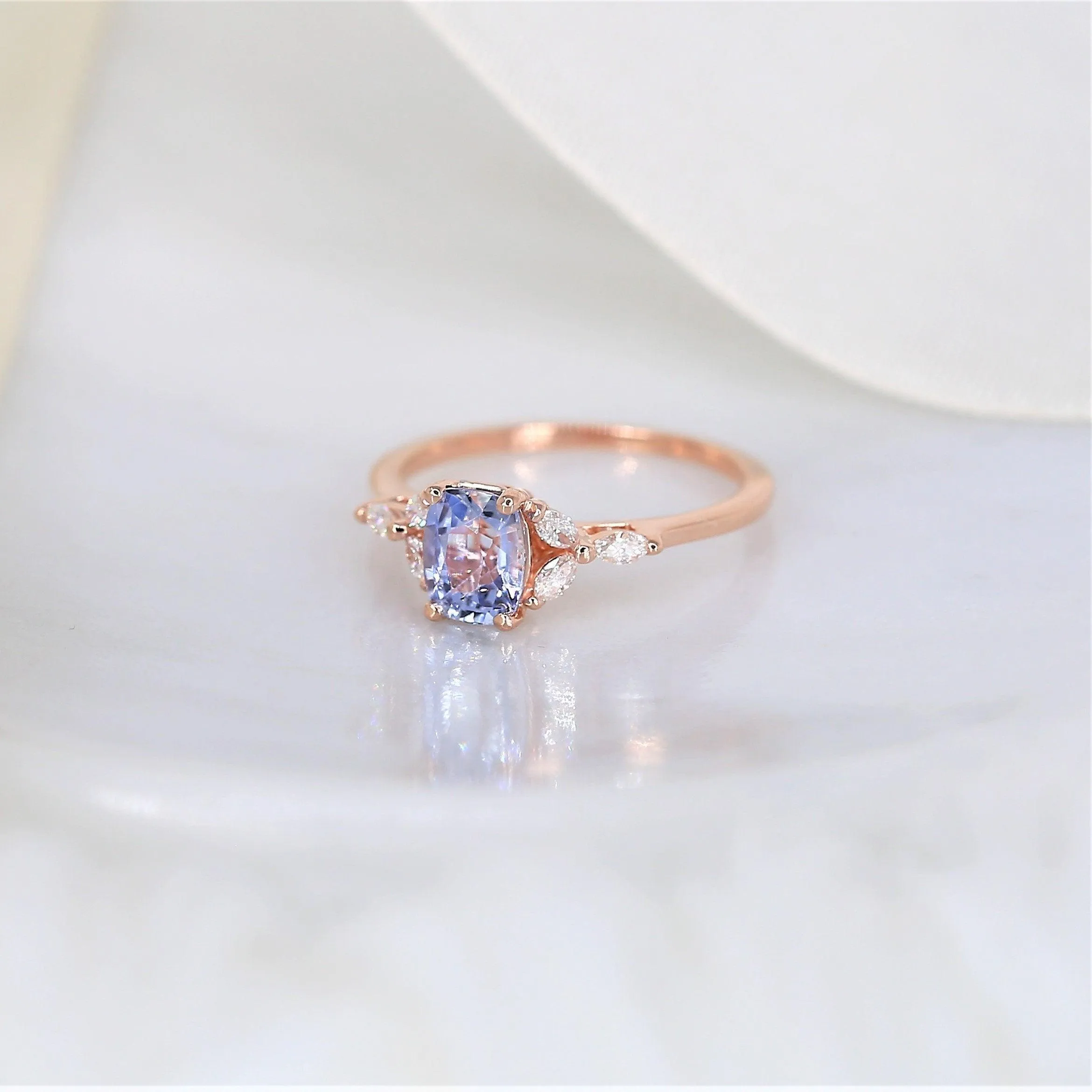 1.11ct Geneva 14kt Rose Gold Cornflower Lavender Sapphire Diamond 3 Stone Cushion Ring