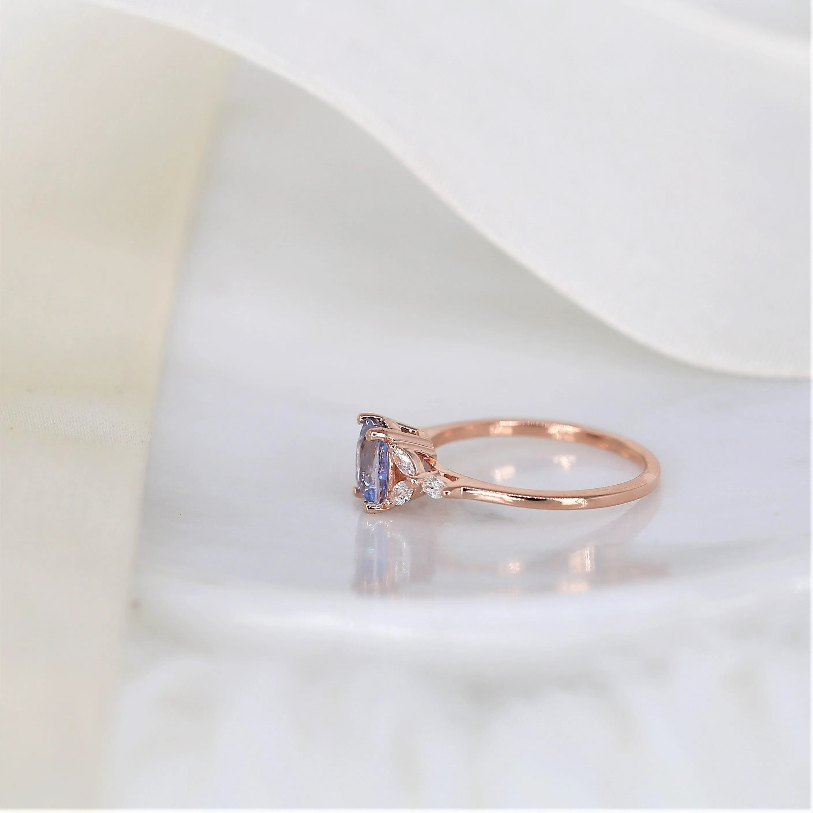 1.11ct Geneva 14kt Rose Gold Cornflower Lavender Sapphire Diamond 3 Stone Cushion Ring
