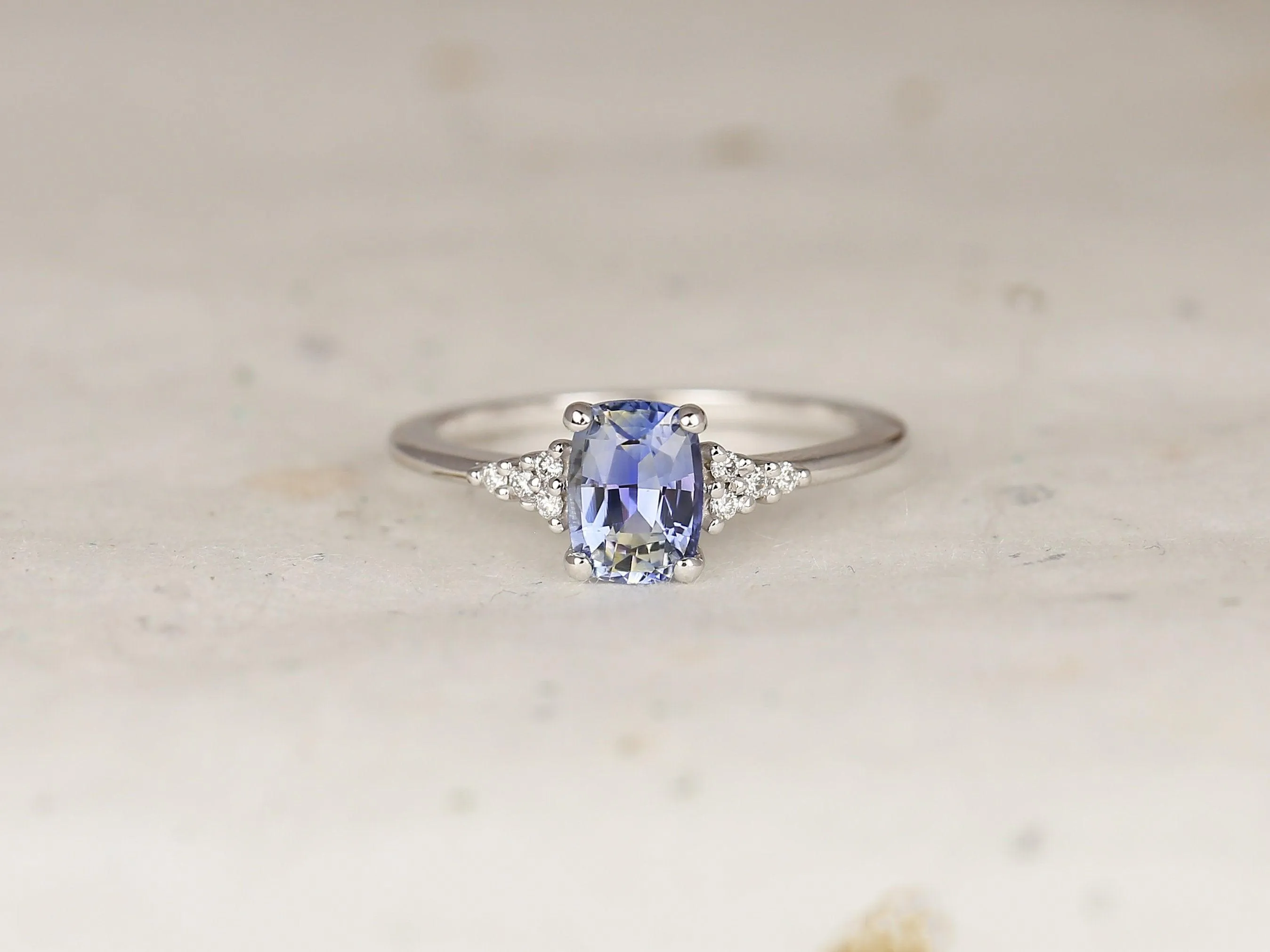 1.19ct Marlow 14kt White Gold Cornflower Lavender Sapphire Diamond Dainty Elongated Cushion Cluster 3 Stone Ring