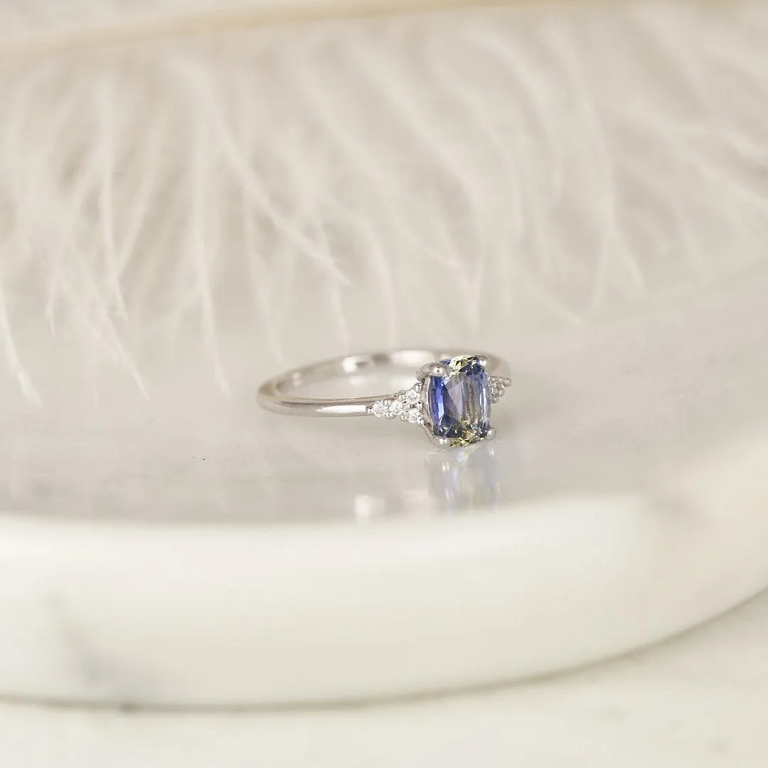 1.19ct Marlow 14kt White Gold Cornflower Lavender Sapphire Diamond Dainty Elongated Cushion Cluster 3 Stone Ring