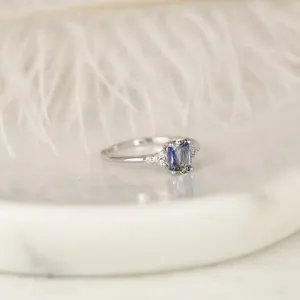 1.19ct Marlow 14kt White Gold Cornflower Lavender Sapphire Diamond Dainty Elongated Cushion Cluster 3 Stone Ring