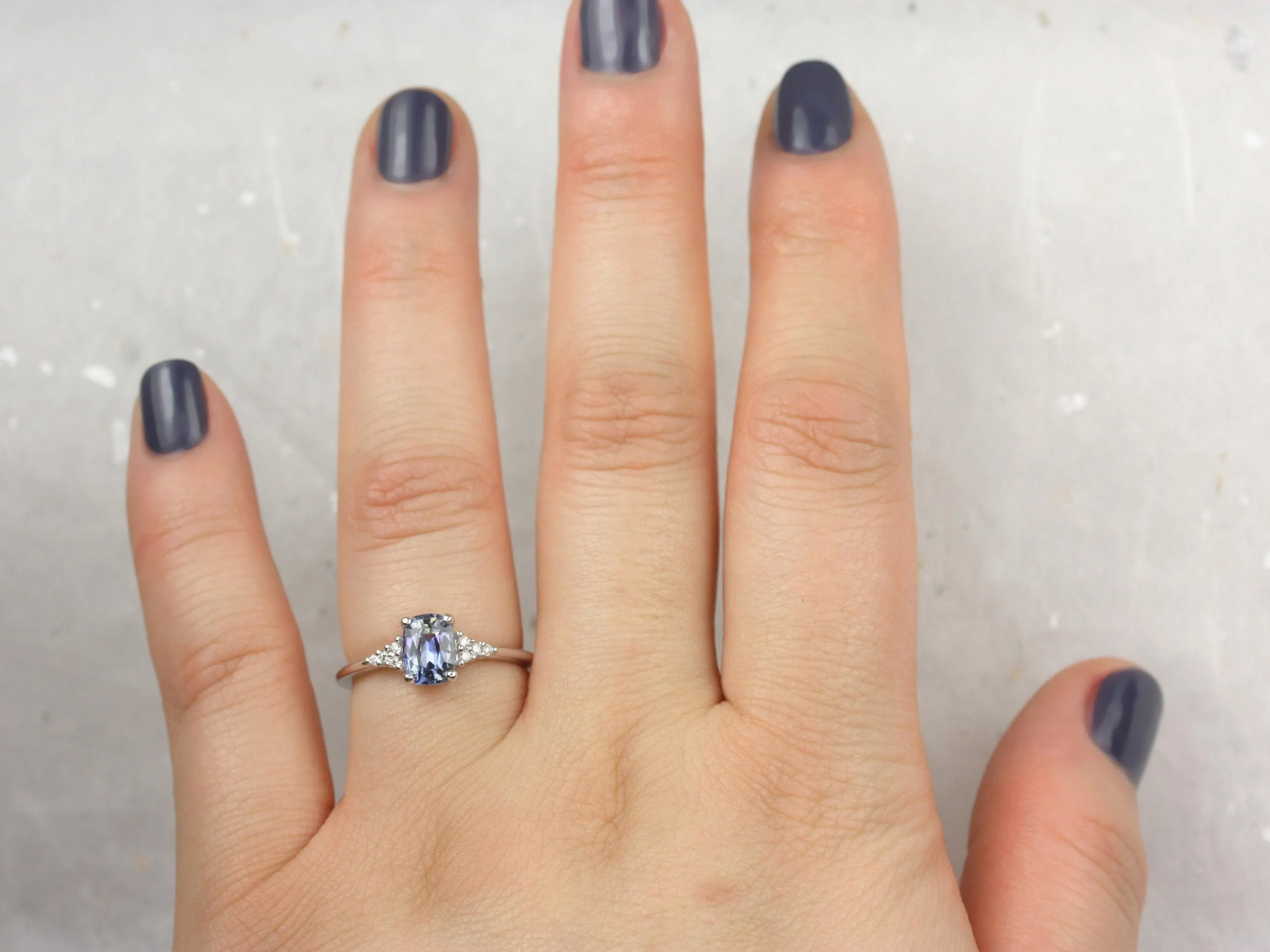 1.19ct Marlow 14kt White Gold Cornflower Lavender Sapphire Diamond Dainty Elongated Cushion Cluster 3 Stone Ring