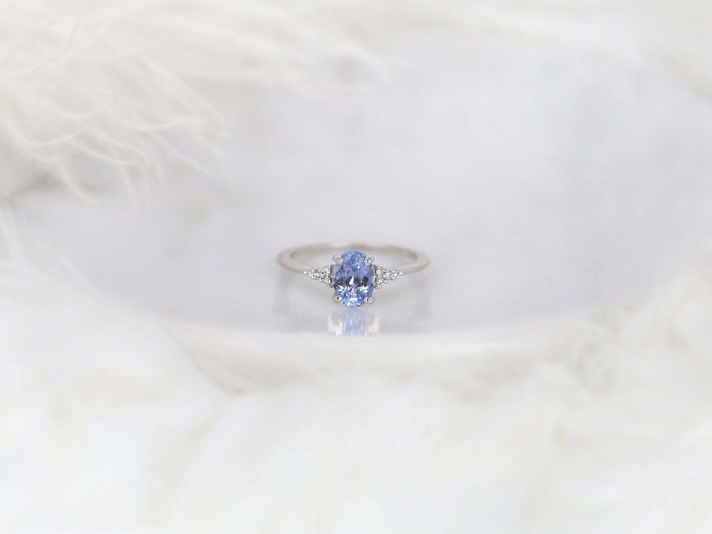 1.35ct Maddy 14kt White Gold Cornflower Lavender Sapphire Diamond Oval Cluster 3 Stone Ring