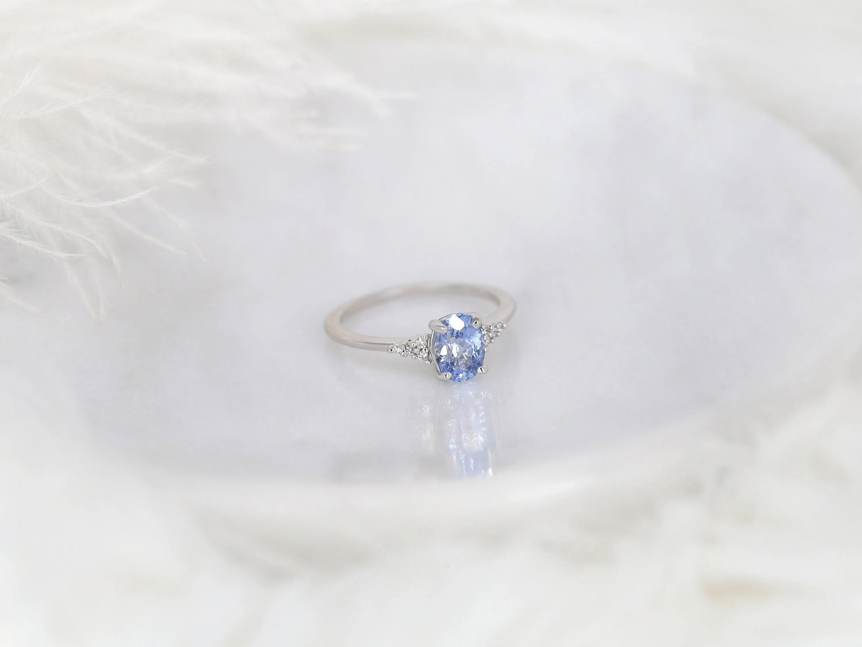 1.35ct Maddy 14kt White Gold Cornflower Lavender Sapphire Diamond Oval Cluster 3 Stone Ring