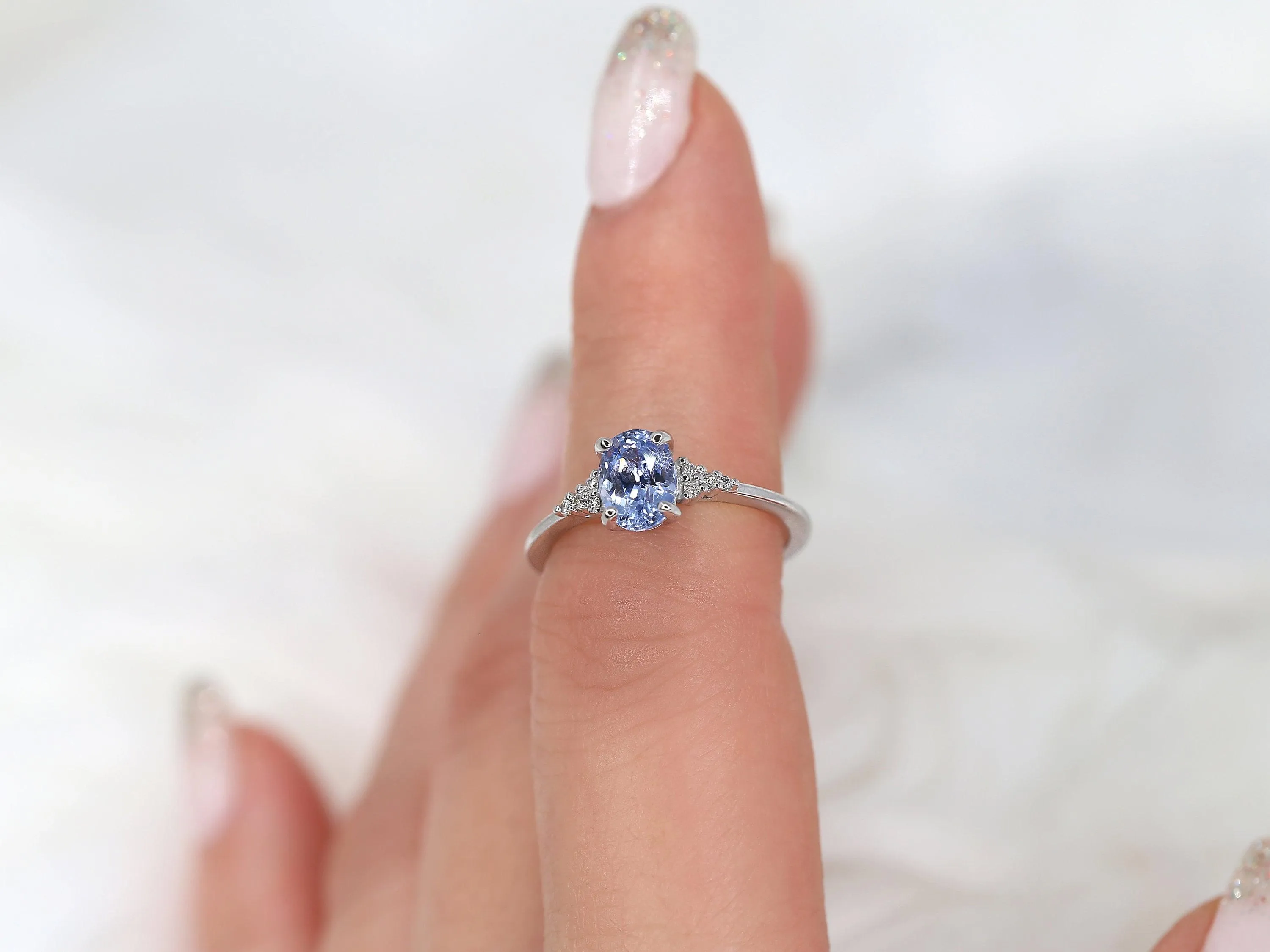 1.35ct Maddy 14kt White Gold Cornflower Lavender Sapphire Diamond Oval Cluster 3 Stone Ring