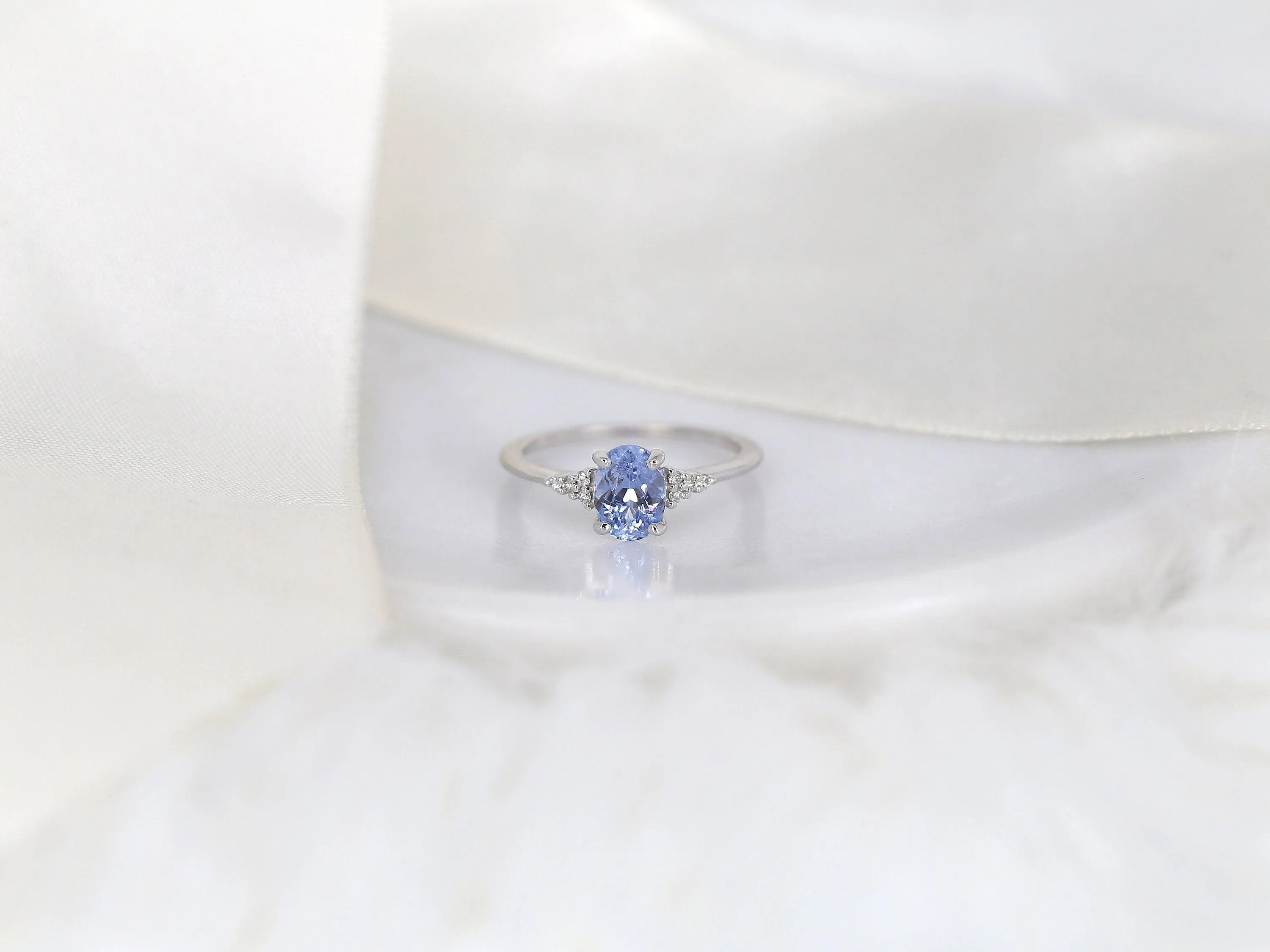 1.35ct Maddy 14kt White Gold Cornflower Lavender Sapphire Diamond Oval Cluster 3 Stone Ring