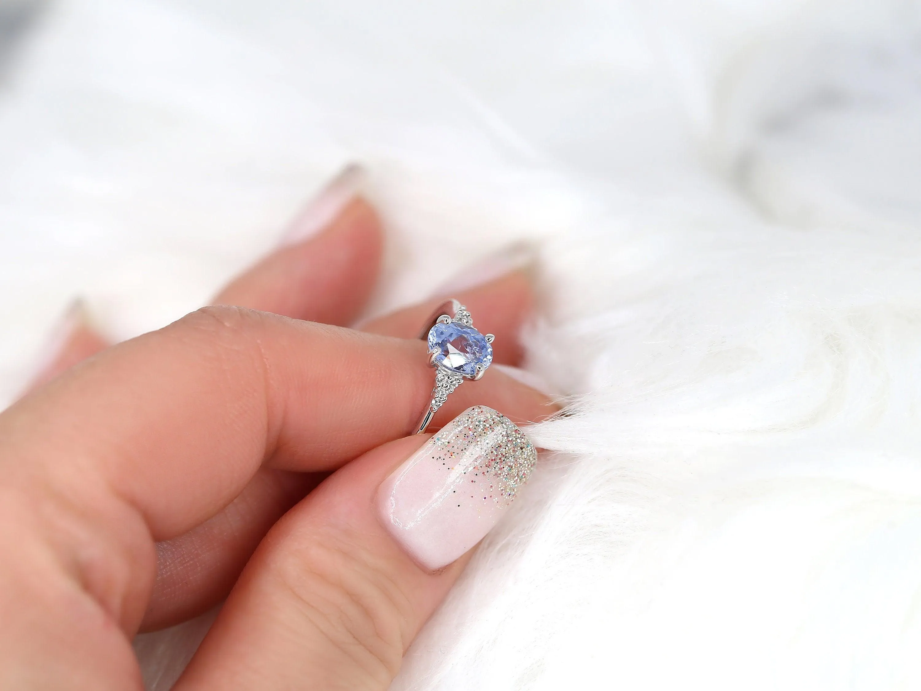 1.35ct Maddy 14kt White Gold Cornflower Lavender Sapphire Diamond Oval Cluster 3 Stone Ring