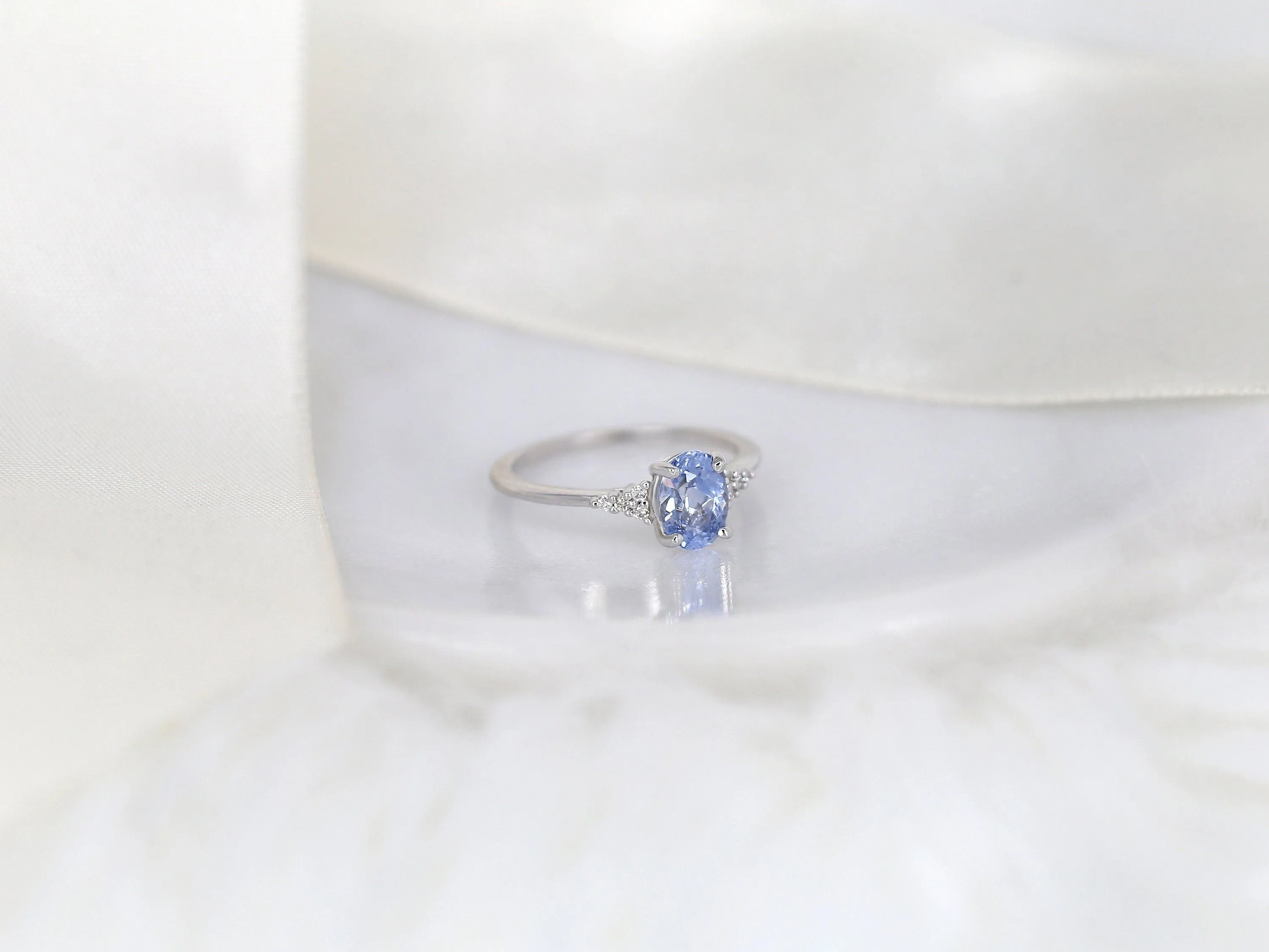 1.35ct Maddy 14kt White Gold Cornflower Lavender Sapphire Diamond Oval Cluster 3 Stone Ring