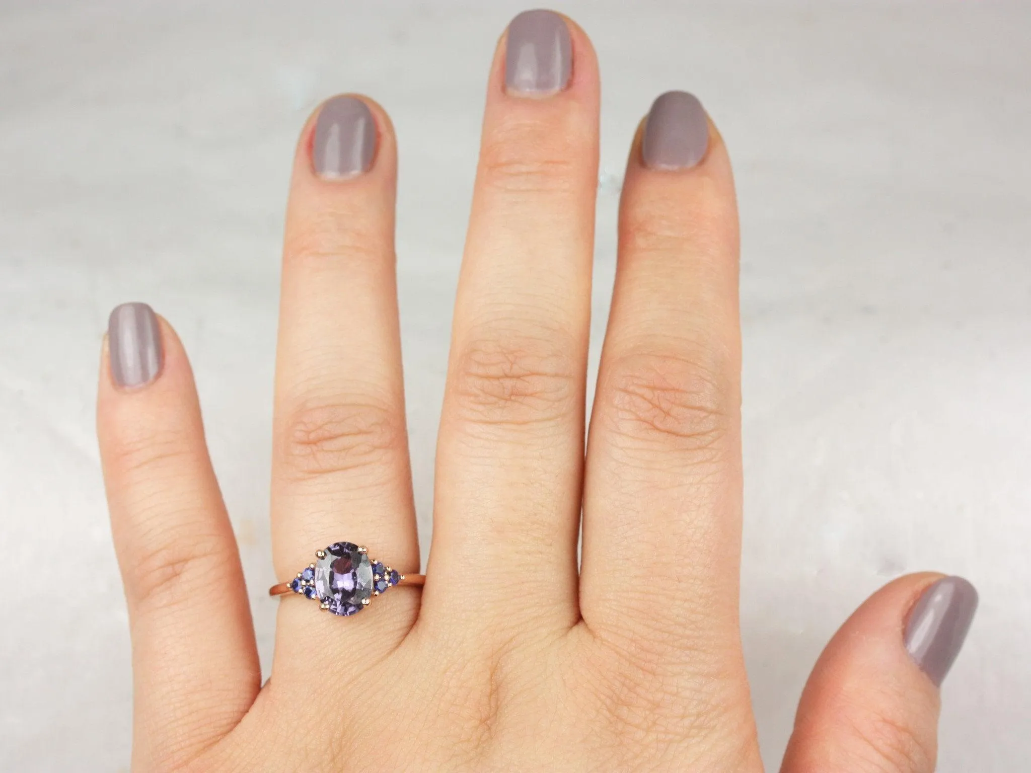 2.01ct Juniper 14kt Rose Gold Violet Purple Blue Sapphire Art Deco Cluster 3 Stone Oval Unique Ring