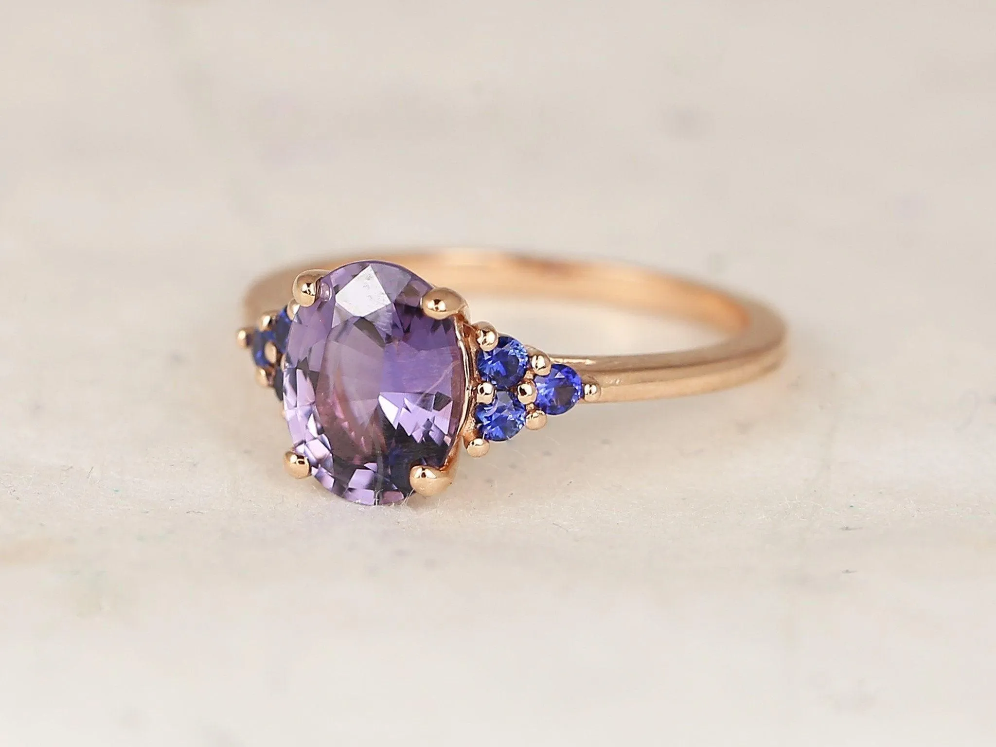 2.01ct Juniper 14kt Rose Gold Violet Purple Blue Sapphire Art Deco Cluster 3 Stone Oval Unique Ring