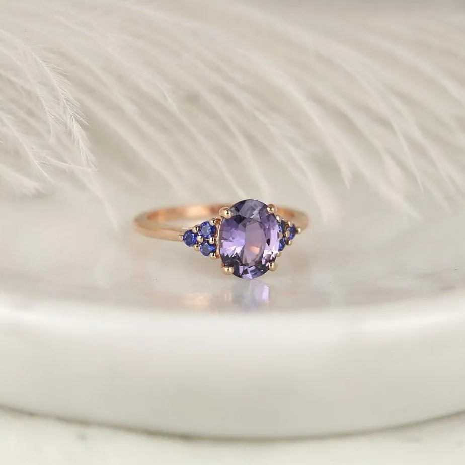 2.01ct Juniper 14kt Rose Gold Violet Purple Blue Sapphire Art Deco Cluster 3 Stone Oval Unique Ring