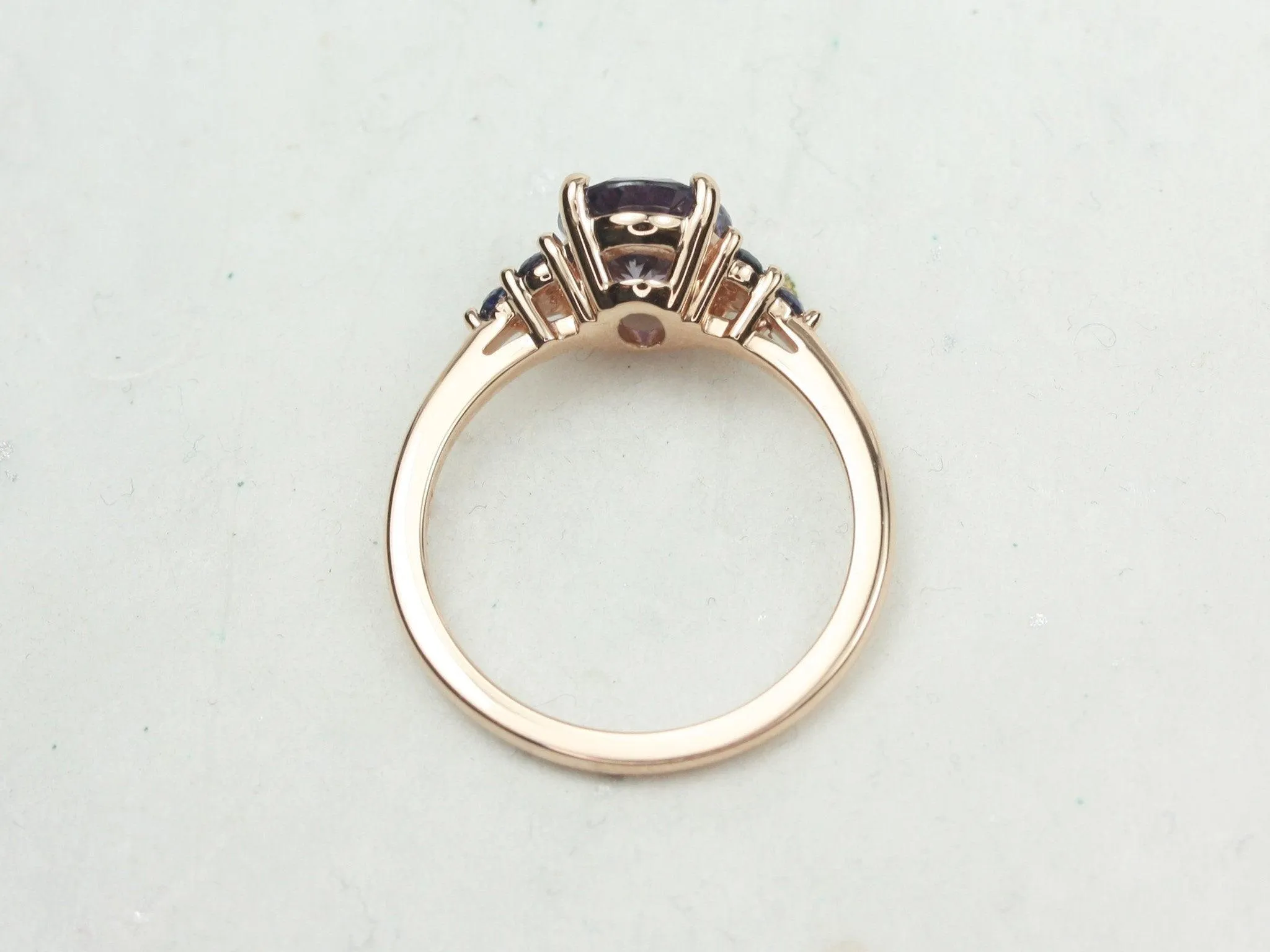 2.01ct Juniper 14kt Rose Gold Violet Purple Blue Sapphire Art Deco Cluster 3 Stone Oval Unique Ring