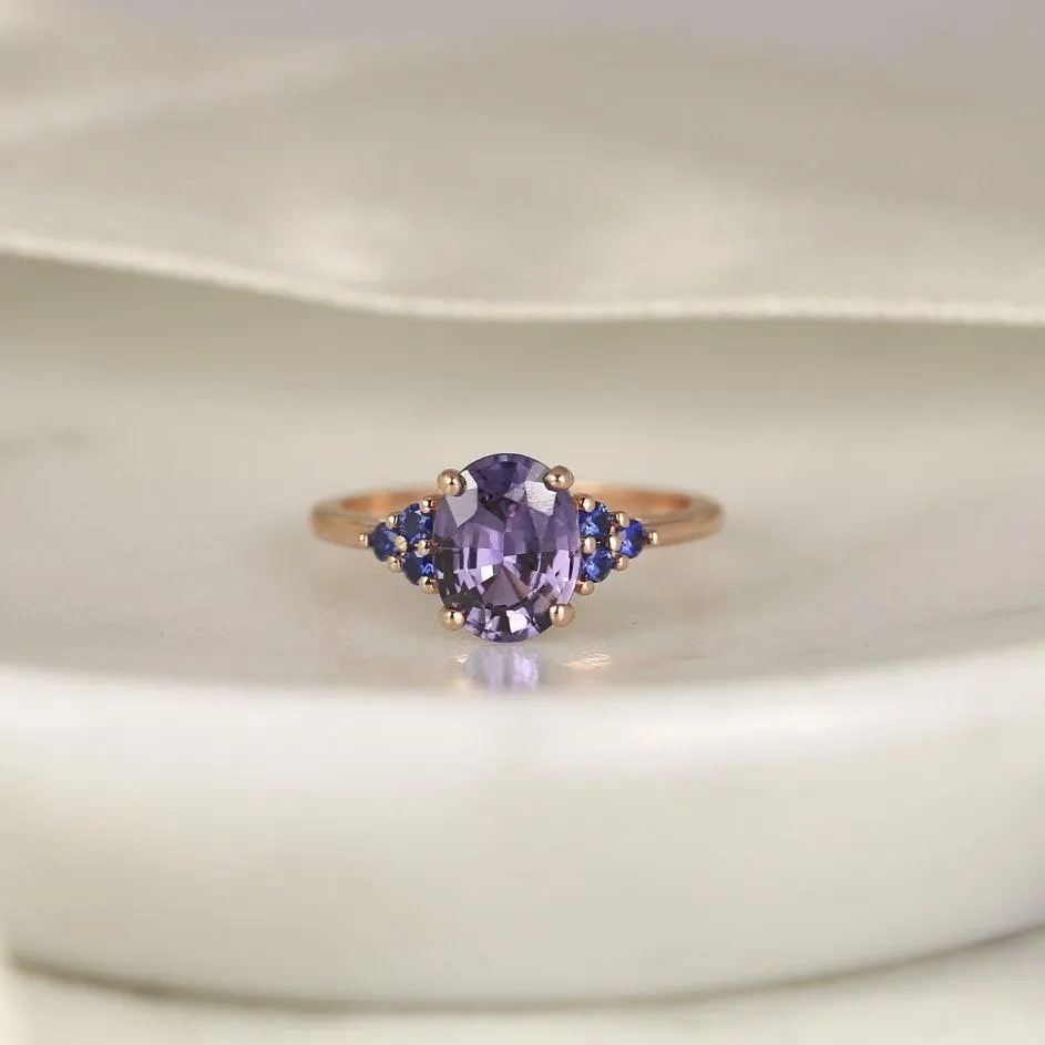 2.01ct Juniper 14kt Rose Gold Violet Purple Blue Sapphire Art Deco Cluster 3 Stone Oval Unique Ring