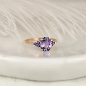 2.01ct Juniper 14kt Rose Gold Violet Purple Blue Sapphire Art Deco Cluster 3 Stone Oval Unique Ring
