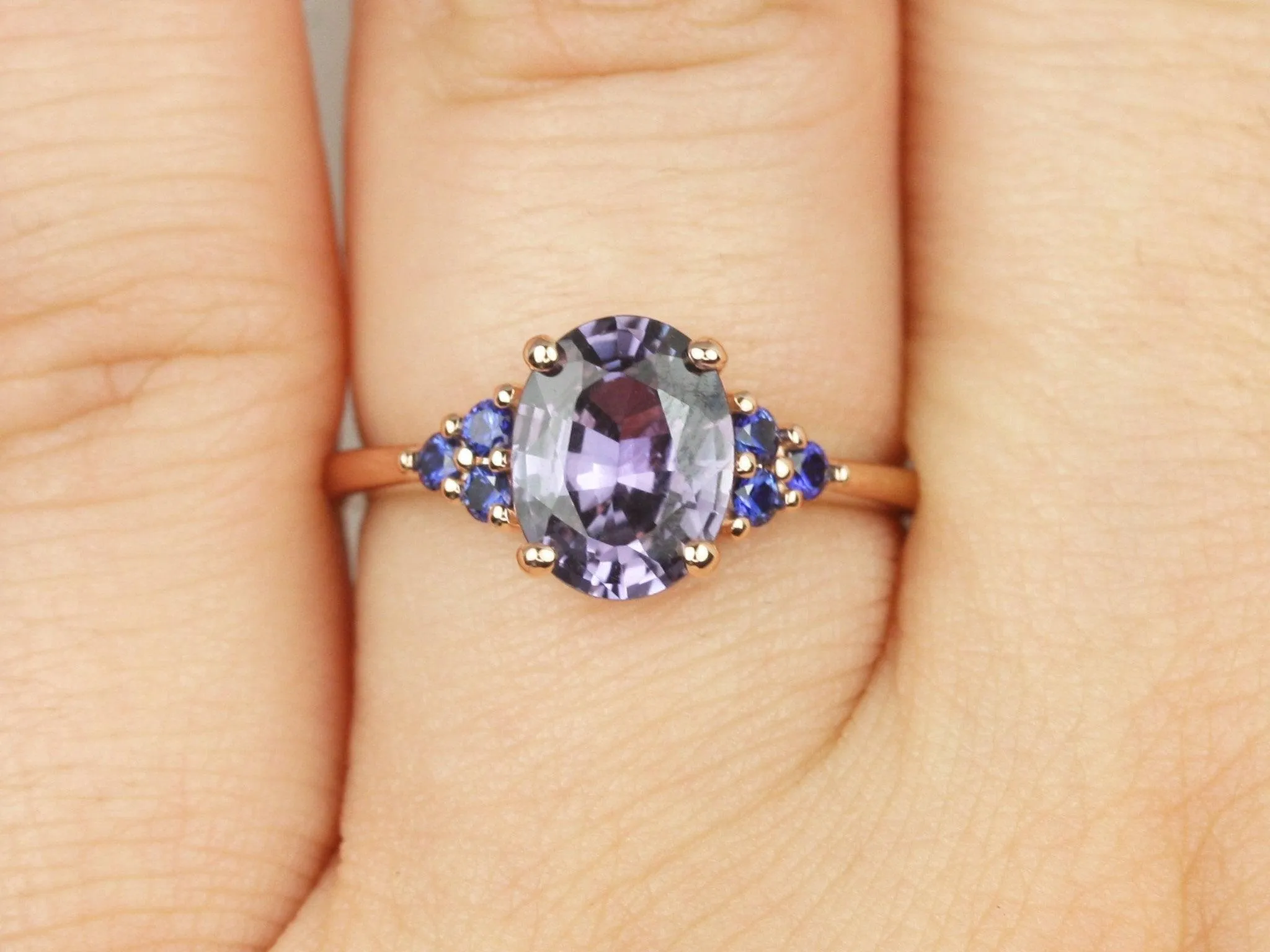 2.01ct Juniper 14kt Rose Gold Violet Purple Blue Sapphire Art Deco Cluster 3 Stone Oval Unique Ring