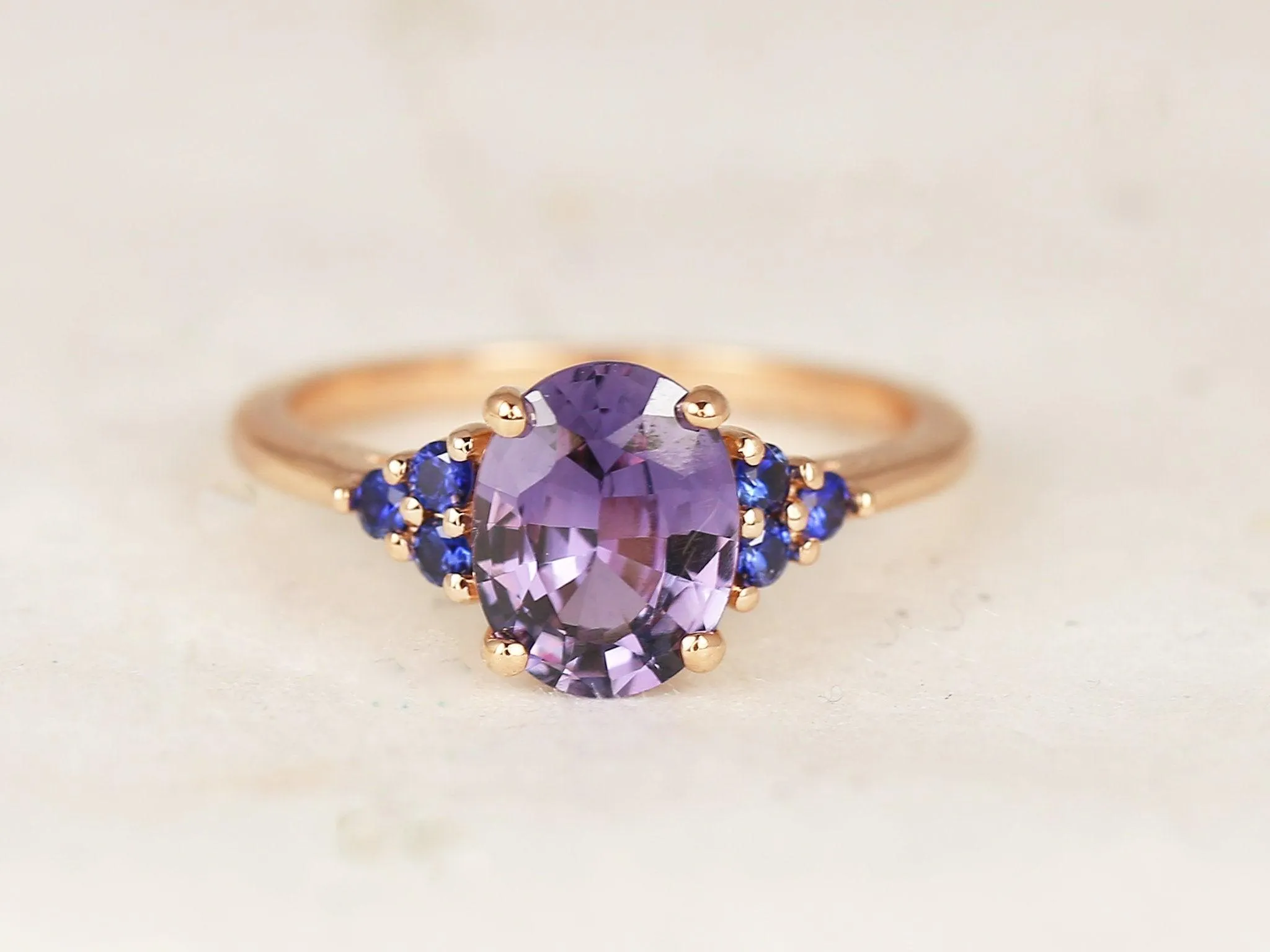 2.01ct Juniper 14kt Rose Gold Violet Purple Blue Sapphire Art Deco Cluster 3 Stone Oval Unique Ring