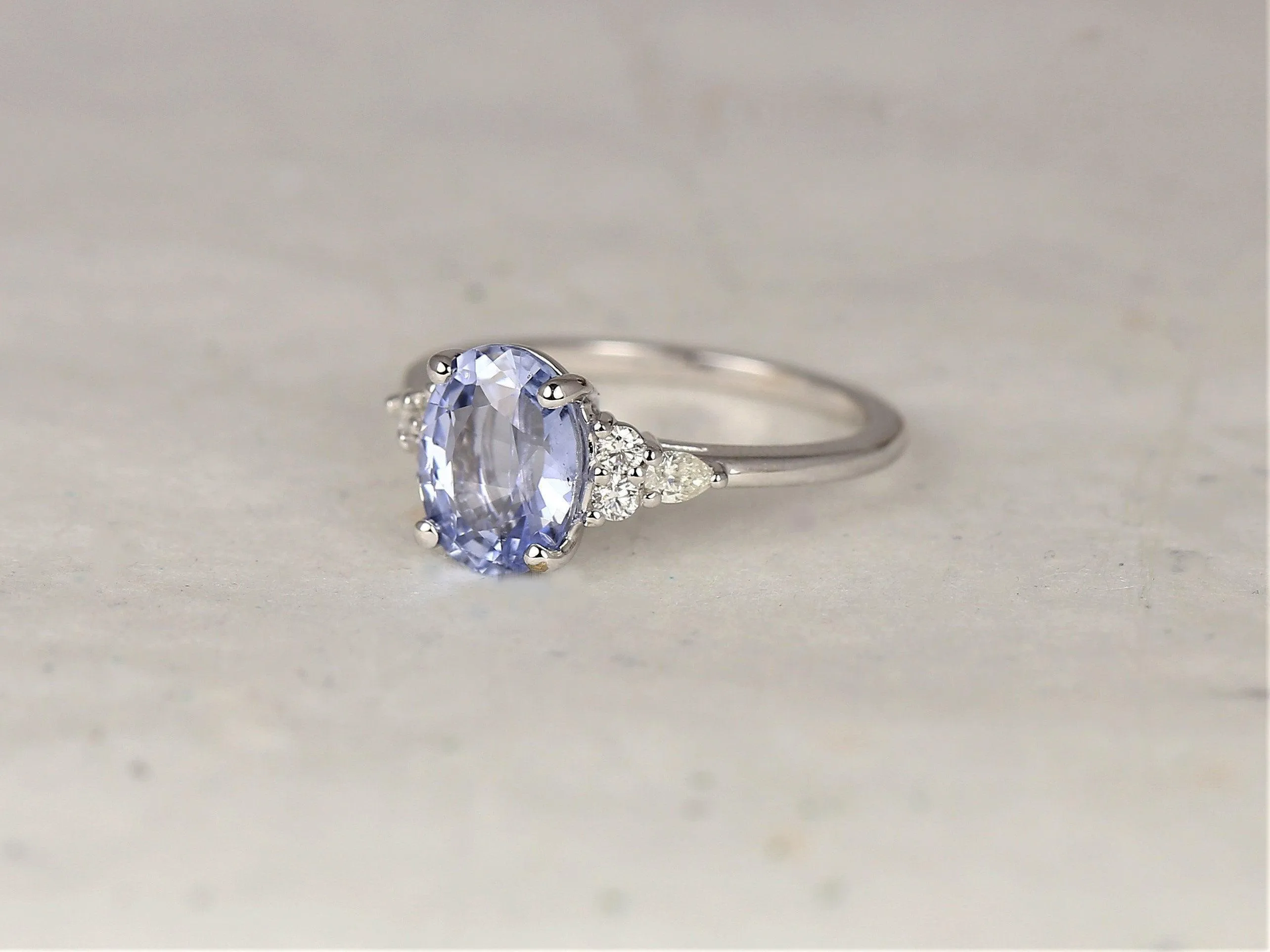2.46cts Cinderella 14kt White Gold Oval Icy Lavender Blue Sapphire Diamond Cluster 3 Stone Oval Unique Ring