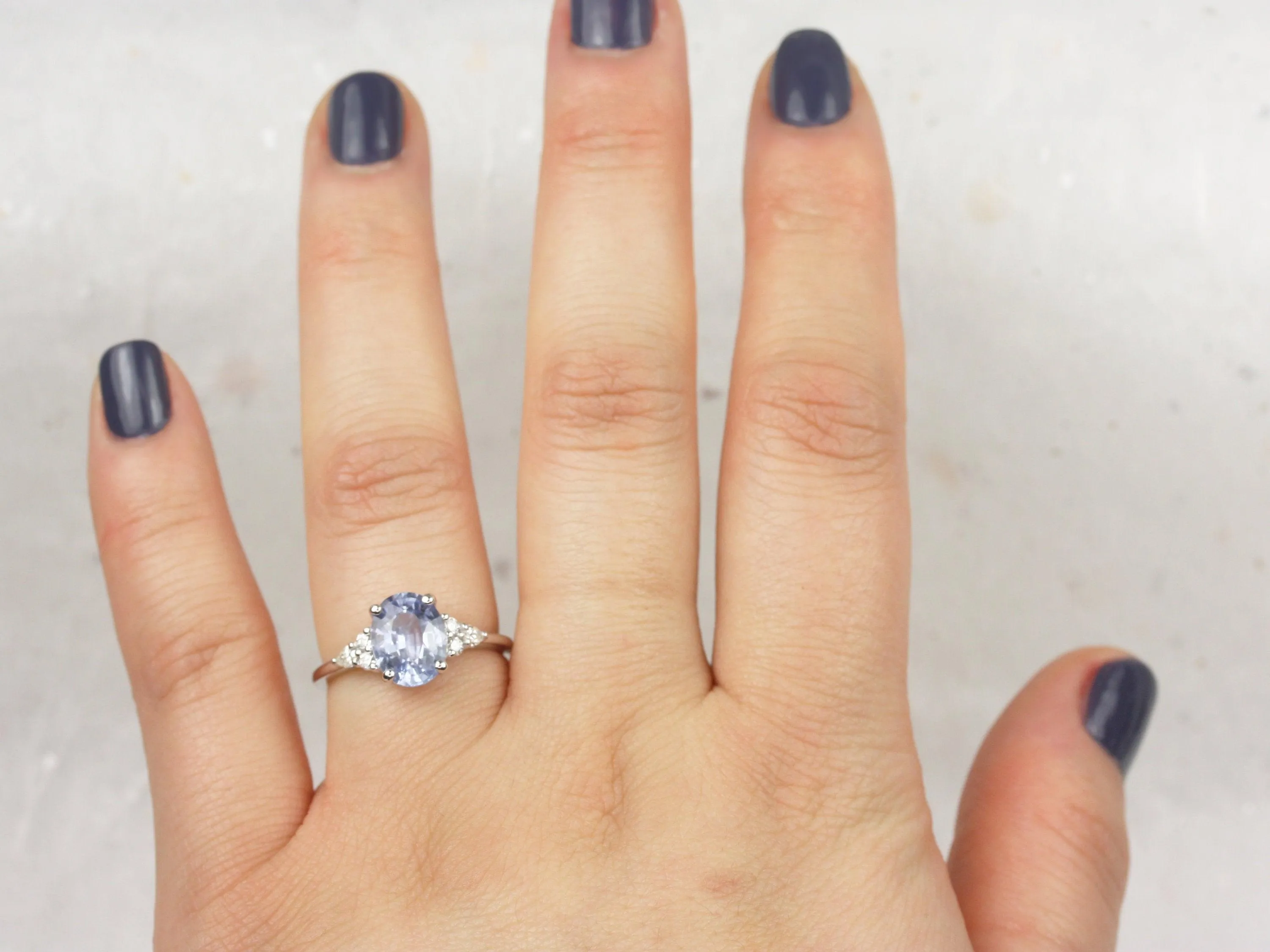 2.46cts Cinderella 14kt White Gold Oval Icy Lavender Blue Sapphire Diamond Cluster 3 Stone Oval Unique Ring
