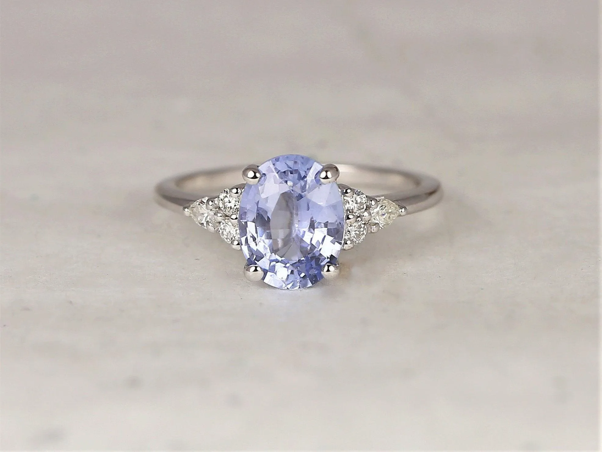 2.46cts Cinderella 14kt White Gold Oval Icy Lavender Blue Sapphire Diamond Cluster 3 Stone Oval Unique Ring