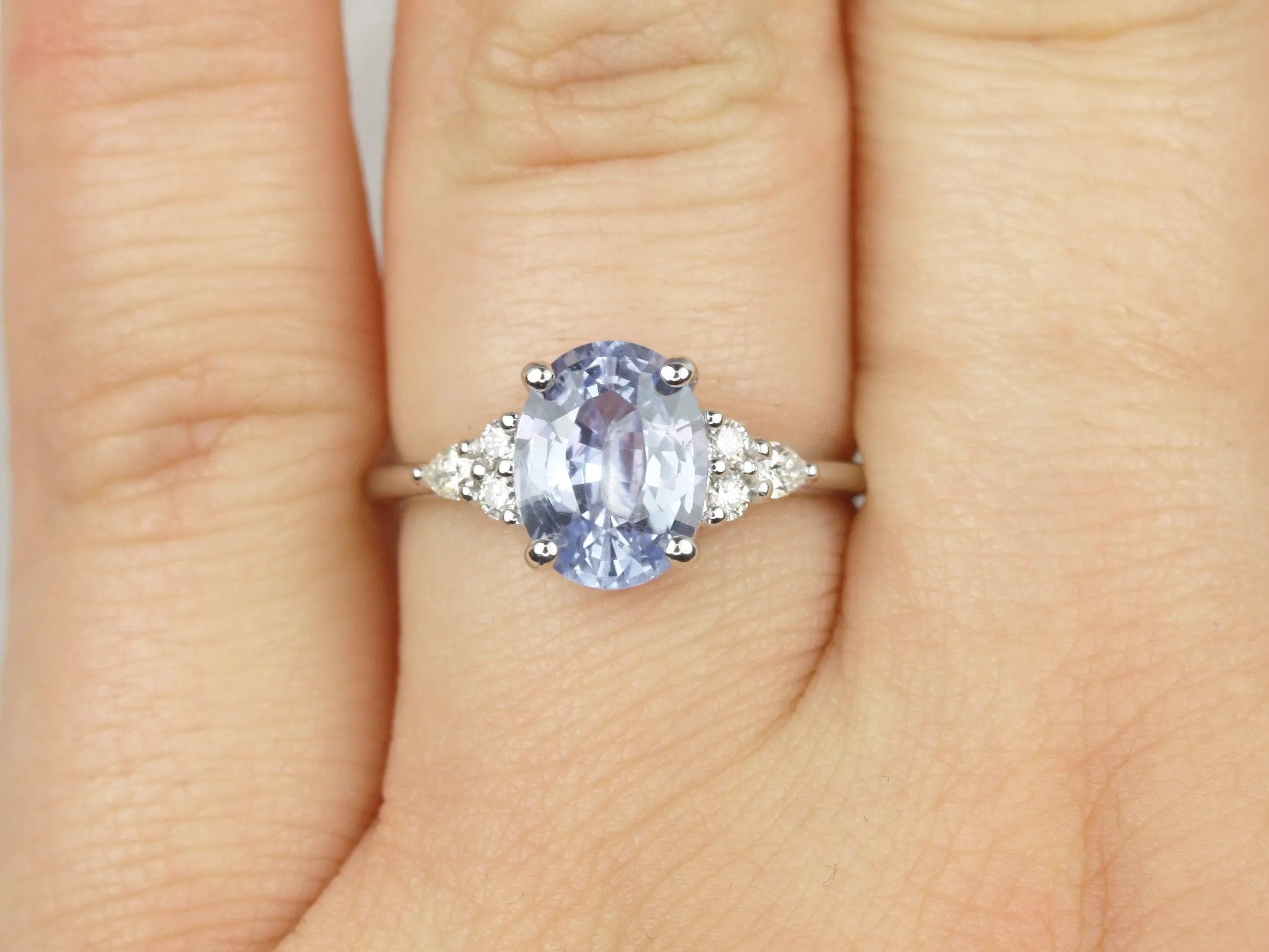 2.46cts Cinderella 14kt White Gold Oval Icy Lavender Blue Sapphire Diamond Cluster 3 Stone Oval Unique Ring