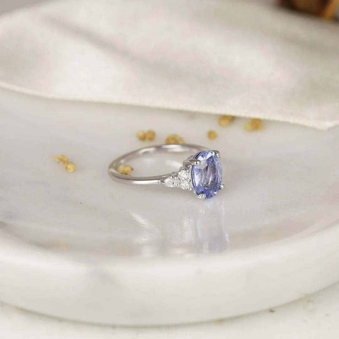 2.46cts Cinderella 14kt White Gold Oval Icy Lavender Blue Sapphire Diamond Cluster 3 Stone Oval Unique Ring