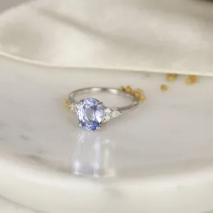 2.46cts Cinderella 14kt White Gold Oval Icy Lavender Blue Sapphire Diamond Cluster 3 Stone Oval Unique Ring