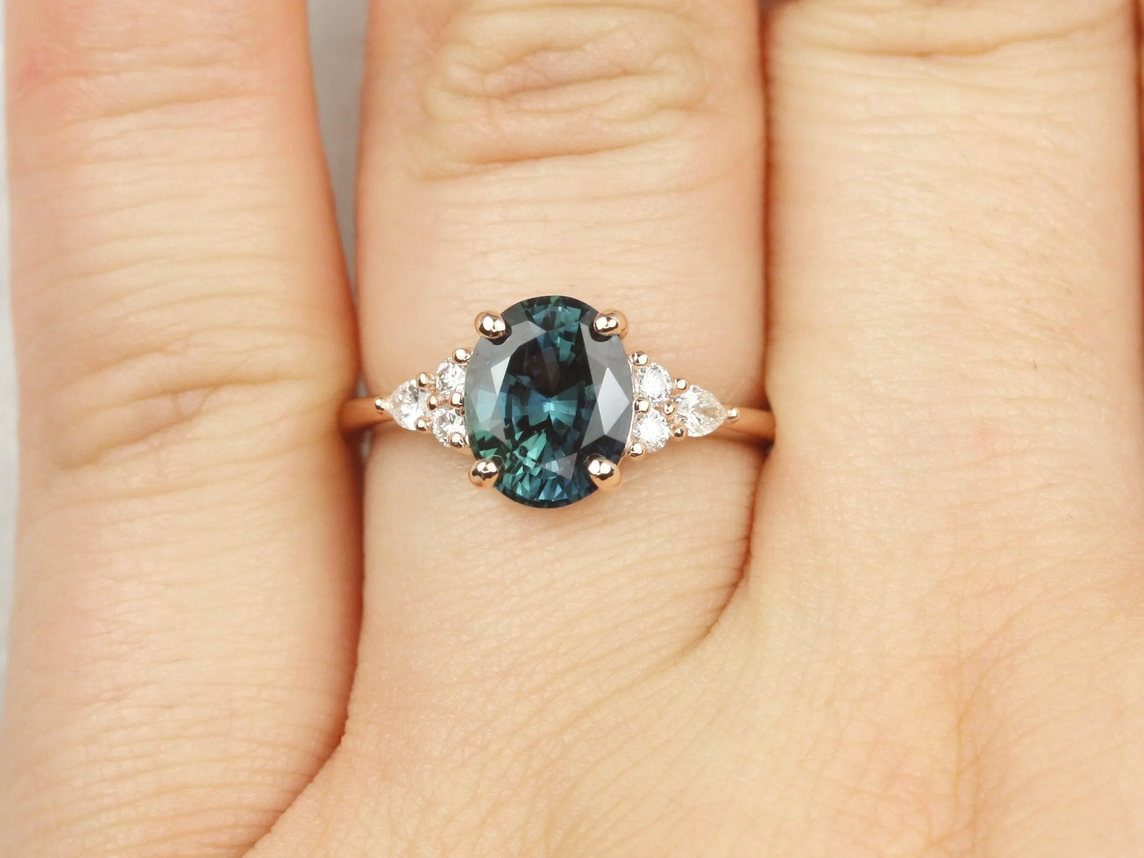 2.60ct Cindy 14kt Rose Gold Peacock Jungle Teal Oval Sapphire Diamond Cluster 3 Stone Oval Engagement Ring