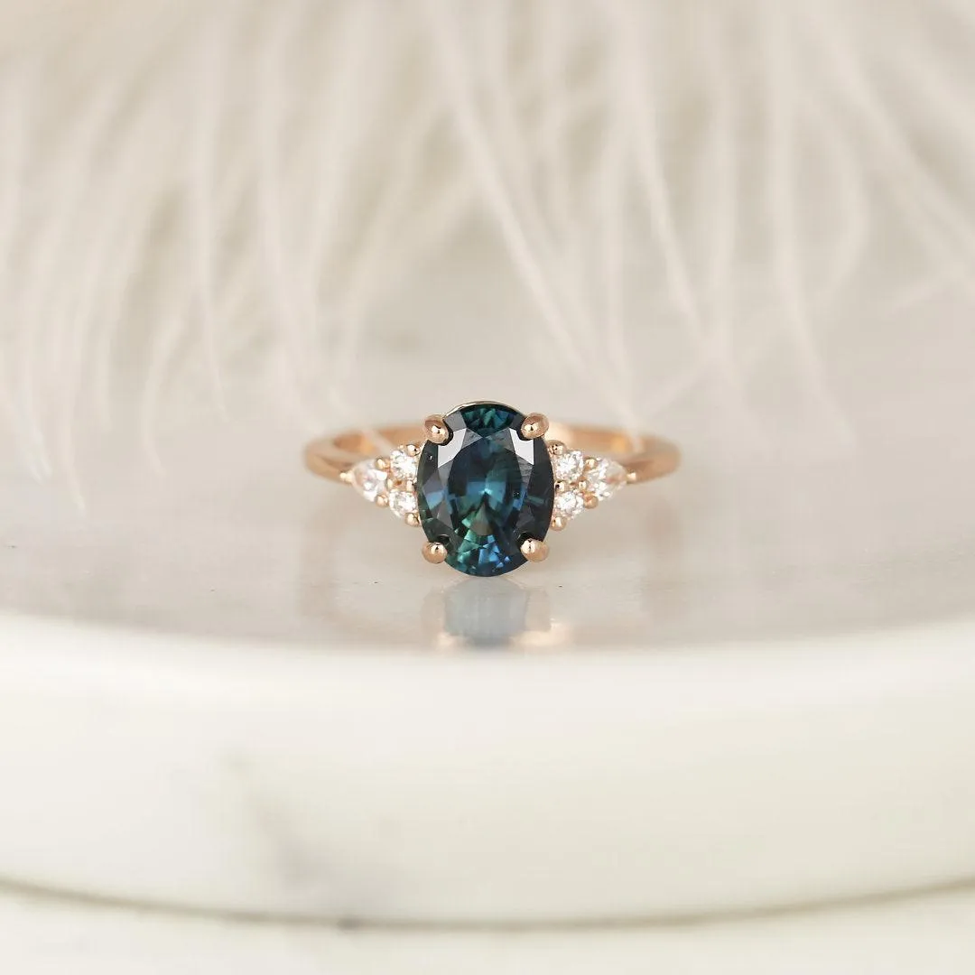 2.60ct Cindy 14kt Rose Gold Peacock Jungle Teal Oval Sapphire Diamond Cluster 3 Stone Oval Engagement Ring