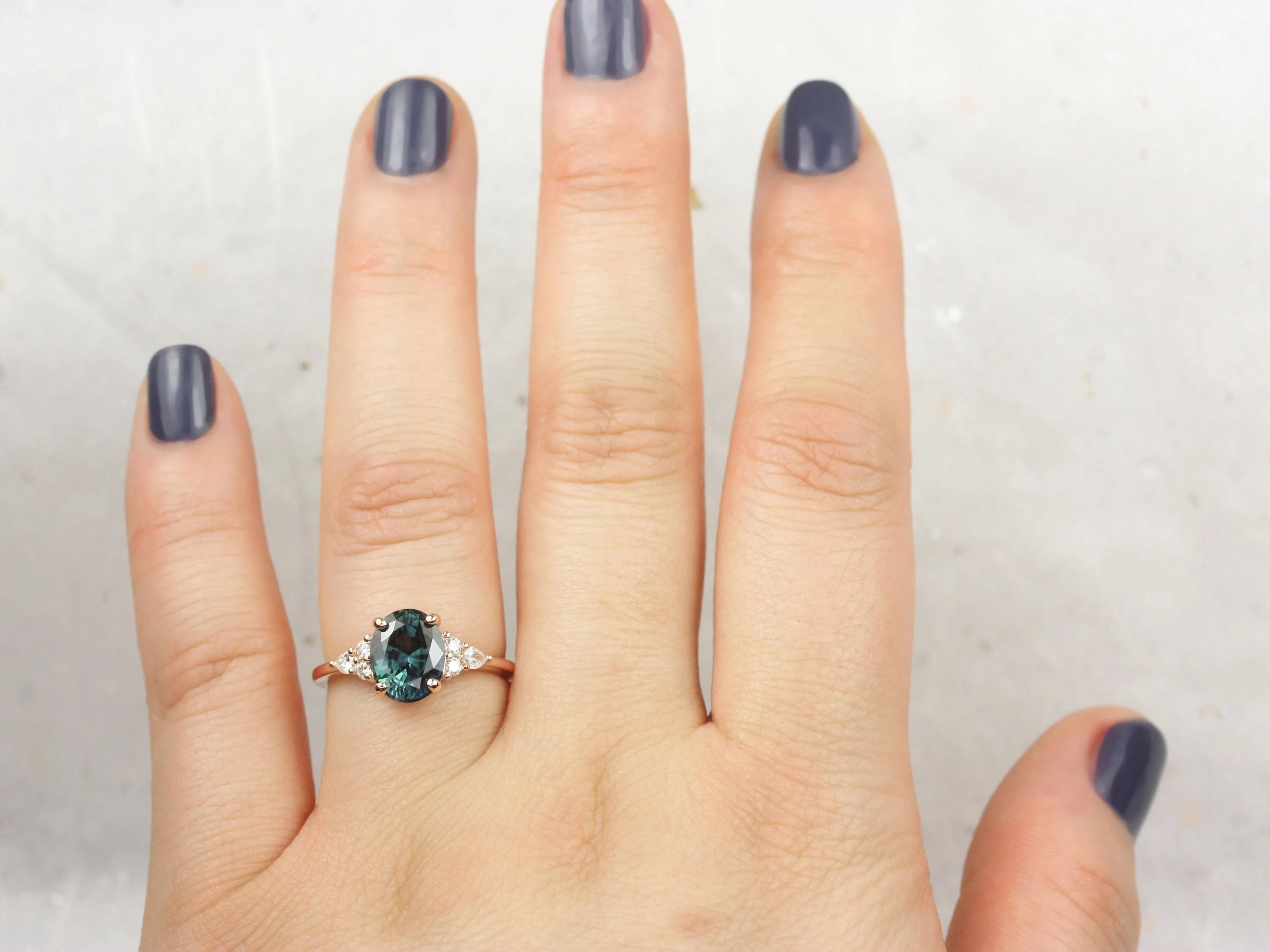 2.60ct Cindy 14kt Rose Gold Peacock Jungle Teal Oval Sapphire Diamond Cluster 3 Stone Oval Engagement Ring