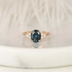 2.60ct Cindy 14kt Rose Gold Peacock Jungle Teal Oval Sapphire Diamond Cluster 3 Stone Oval Engagement Ring