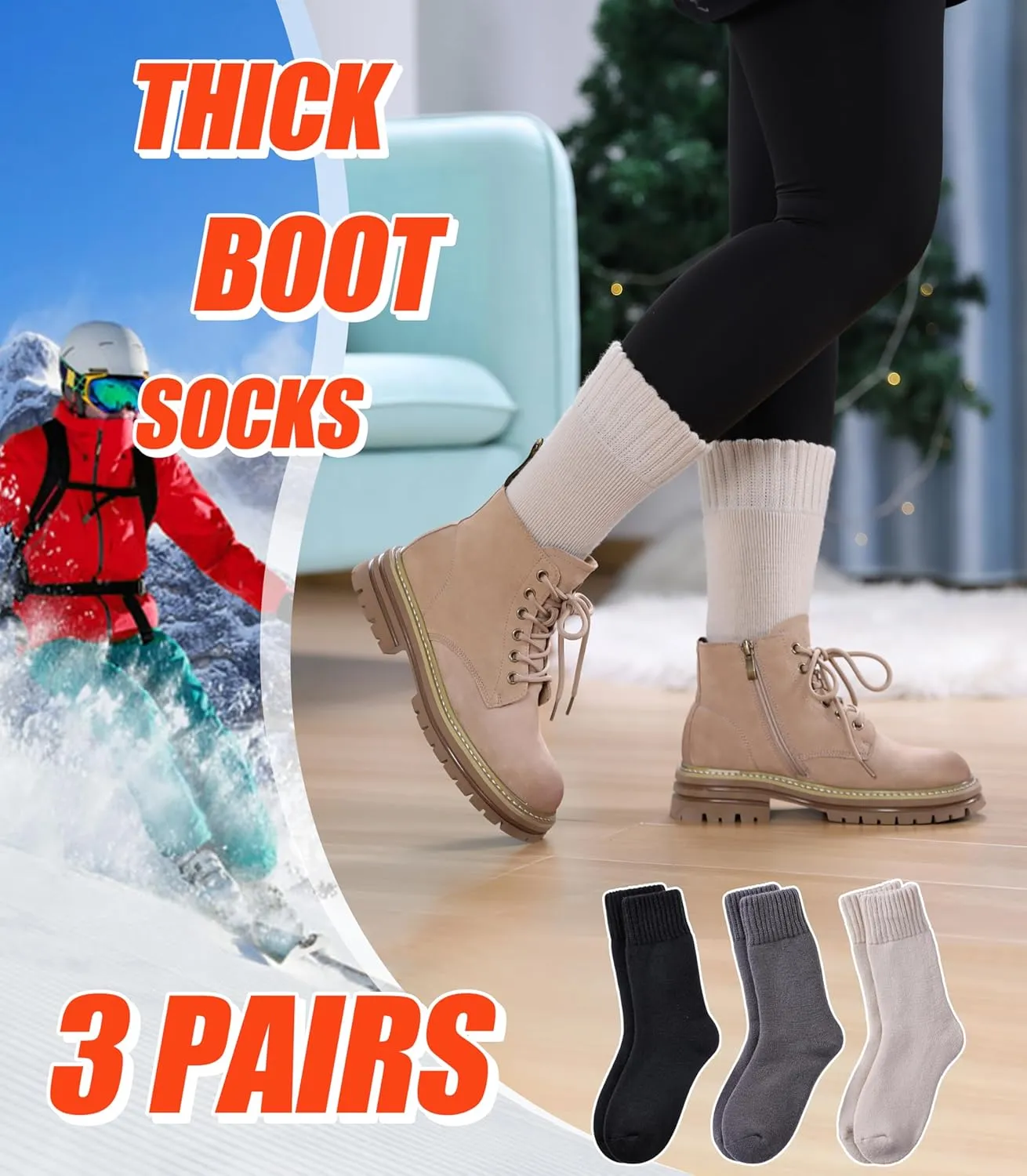 3 Pairs Thermal Boot Socks for Women Men Ski Thick Winter Warm Insulated Heated Socks for Extreme Cold Weather