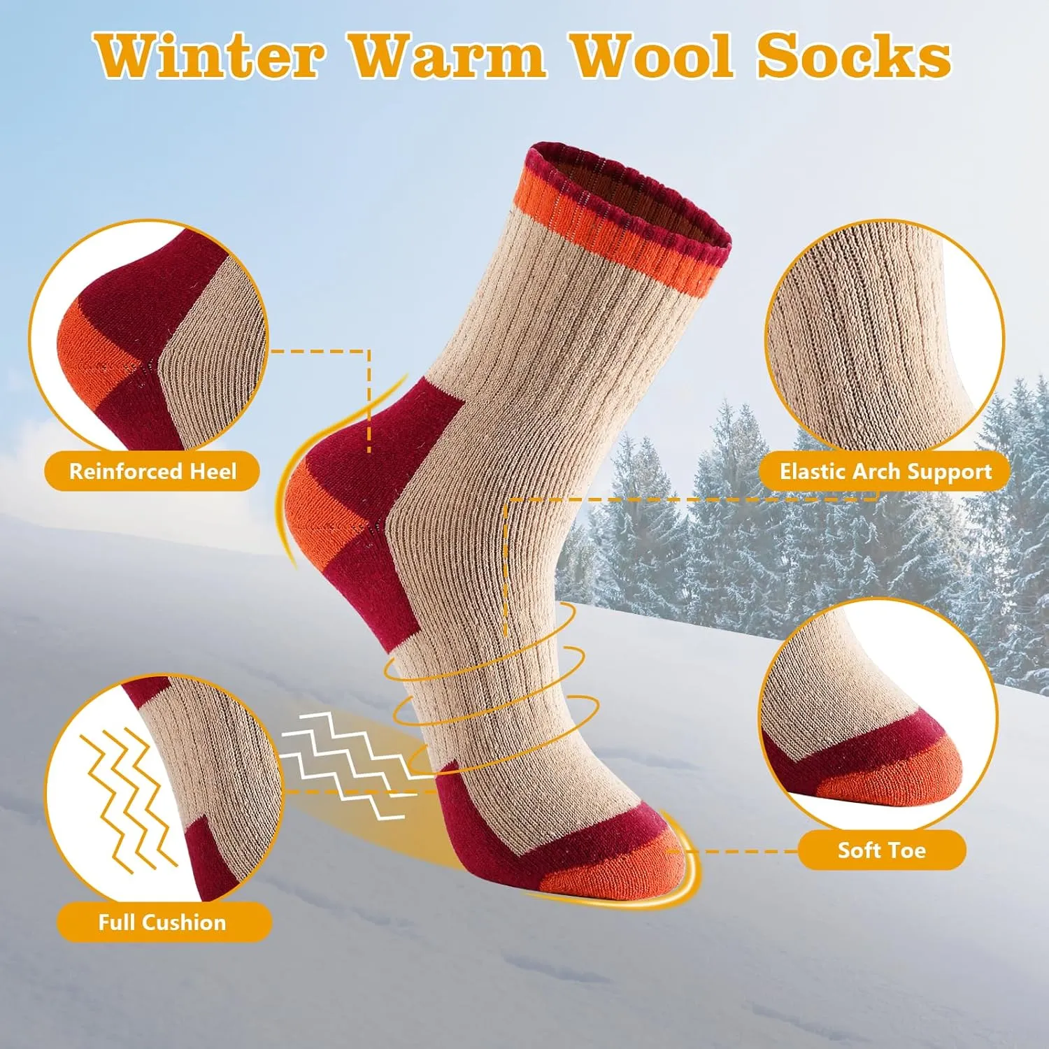 4 Pairs Merino Wool Socks for Men & Women, Breathable Hiking & Boot Socks - Thermal, Thick, Warm & Cozy