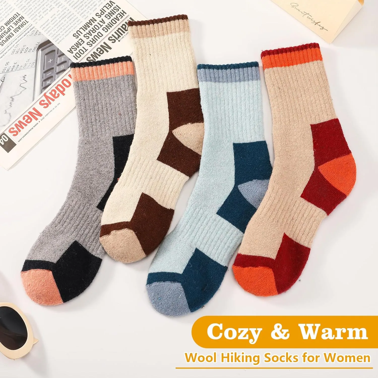 4 Pairs Merino Wool Socks for Men & Women, Breathable Hiking & Boot Socks - Thermal, Thick, Warm & Cozy