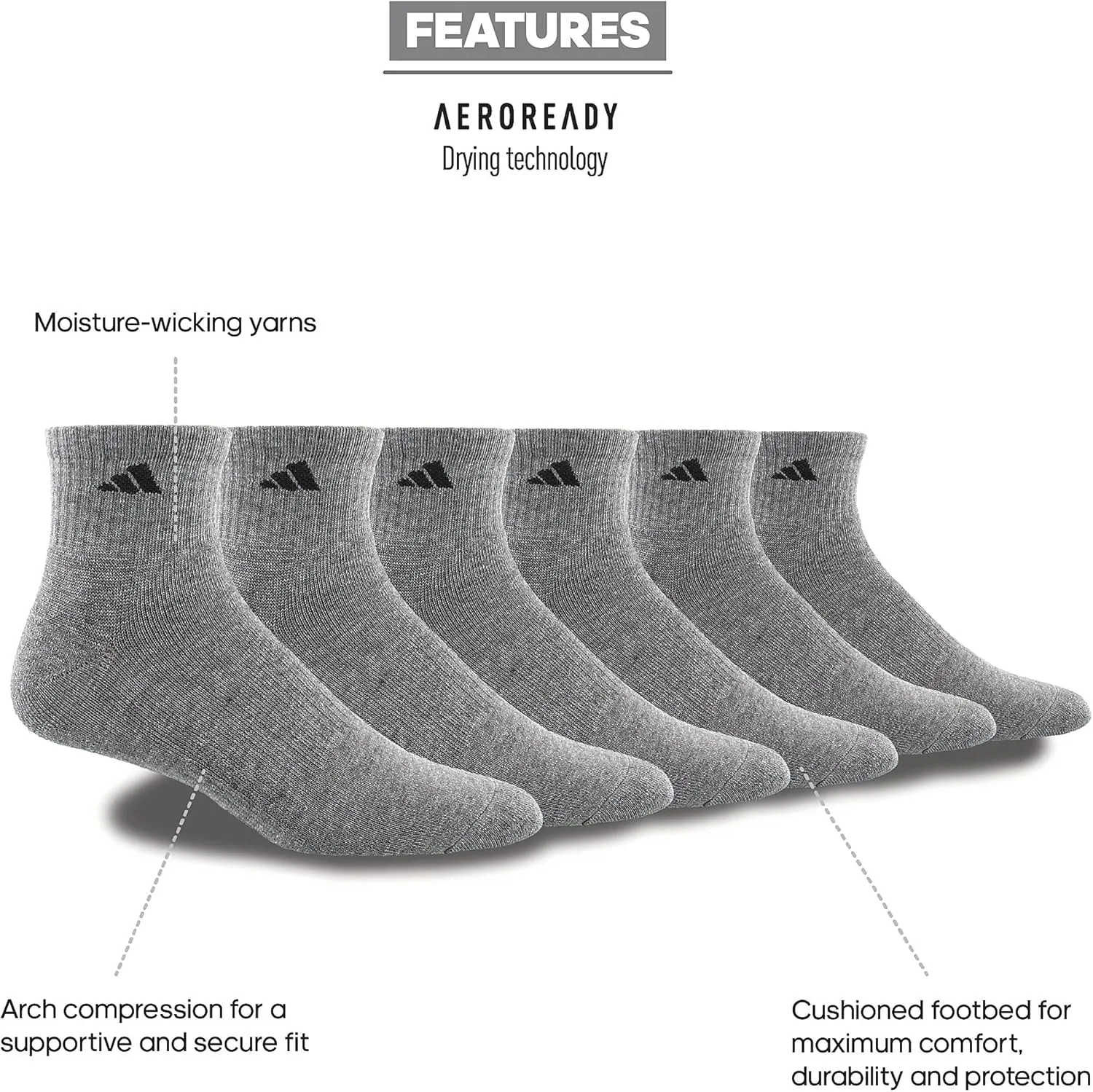 adidas 6-Pack, Athletic Cushioned Quarter Ankle Socks for Men with Arch Support