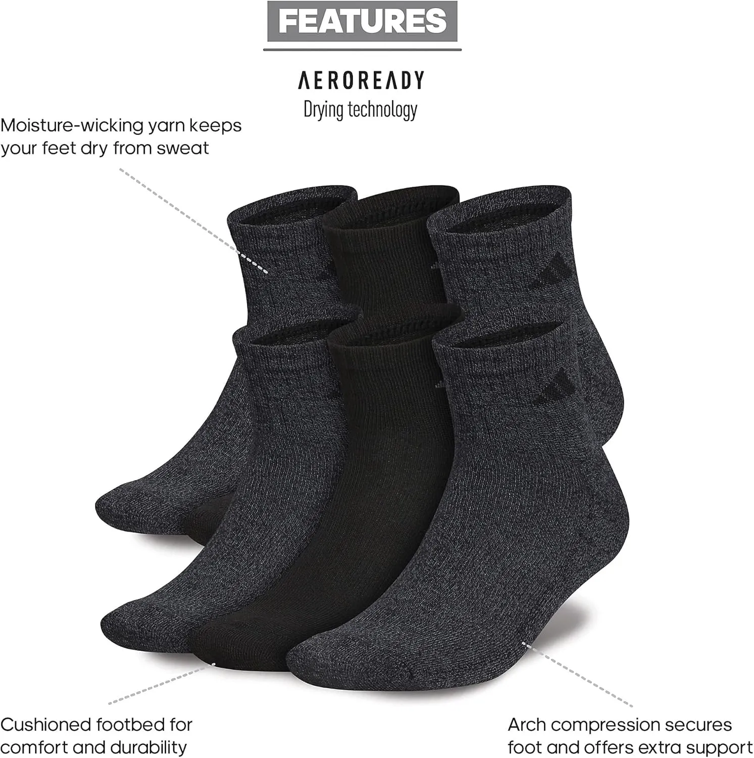 adidas 6-Pack, Athletic Cushioned Quarter Ankle Socks for Men with Arch Support