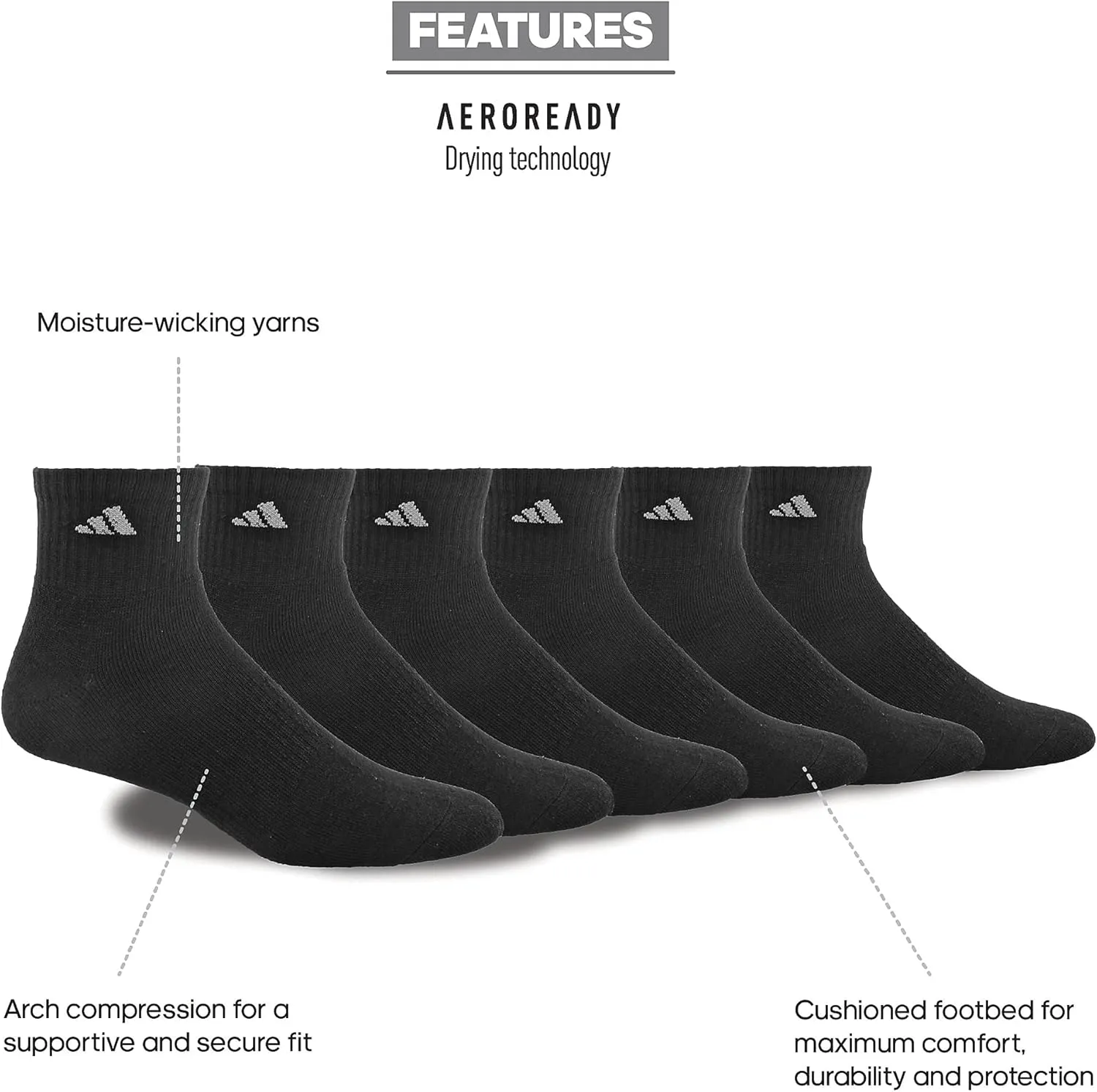 adidas 6-Pack, Athletic Cushioned Quarter Ankle Socks for Men with Arch Support