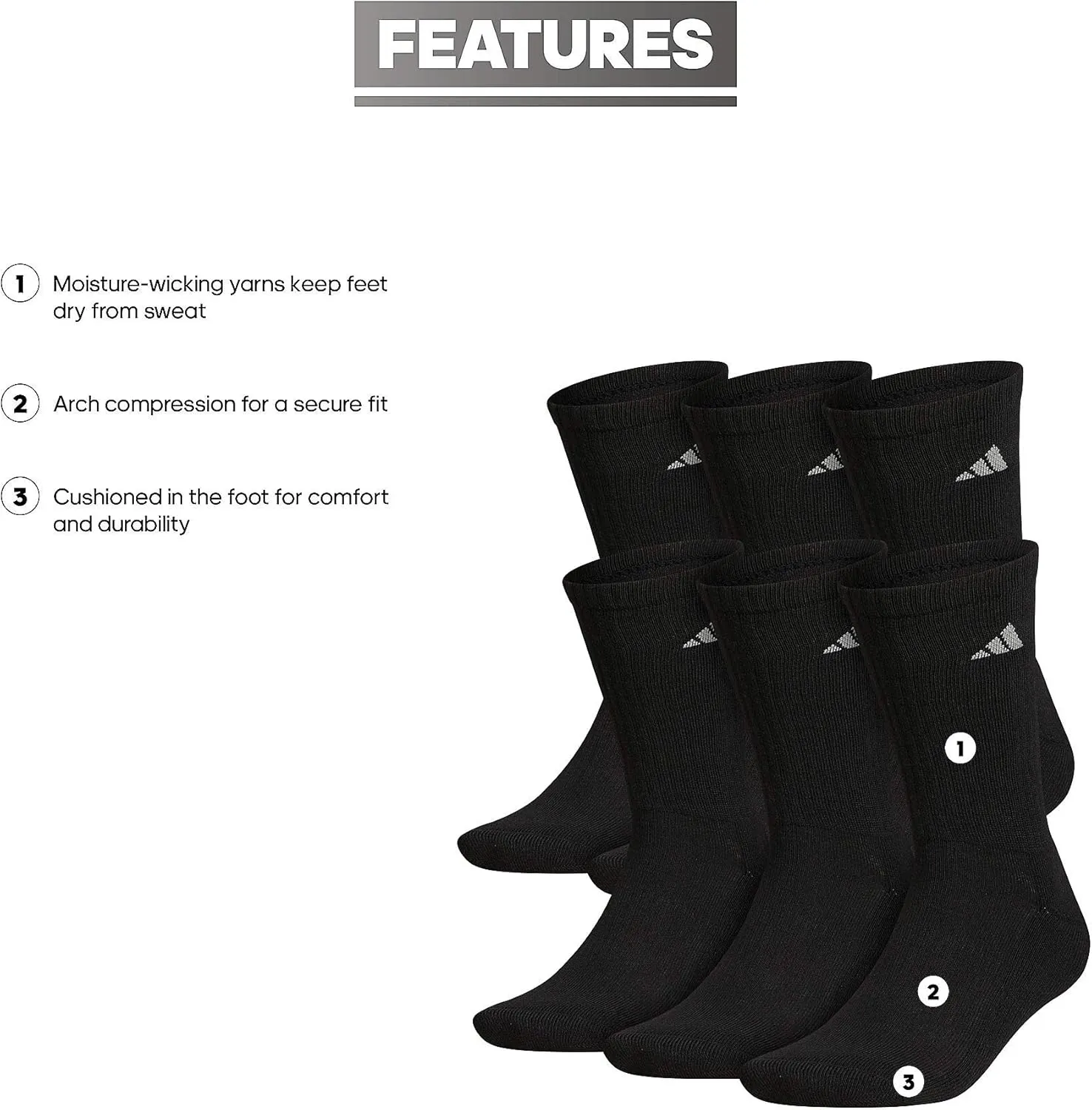 adidas Men's Athletic Cushioned 6-Pack Crew, Cushioned Crew Socks with Arch Compression for a Secure Fit