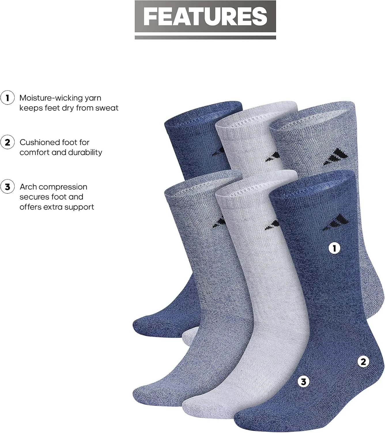 adidas Men's Athletic Cushioned 6-Pack Crew, Cushioned Crew Socks with Arch Compression for a Secure Fit