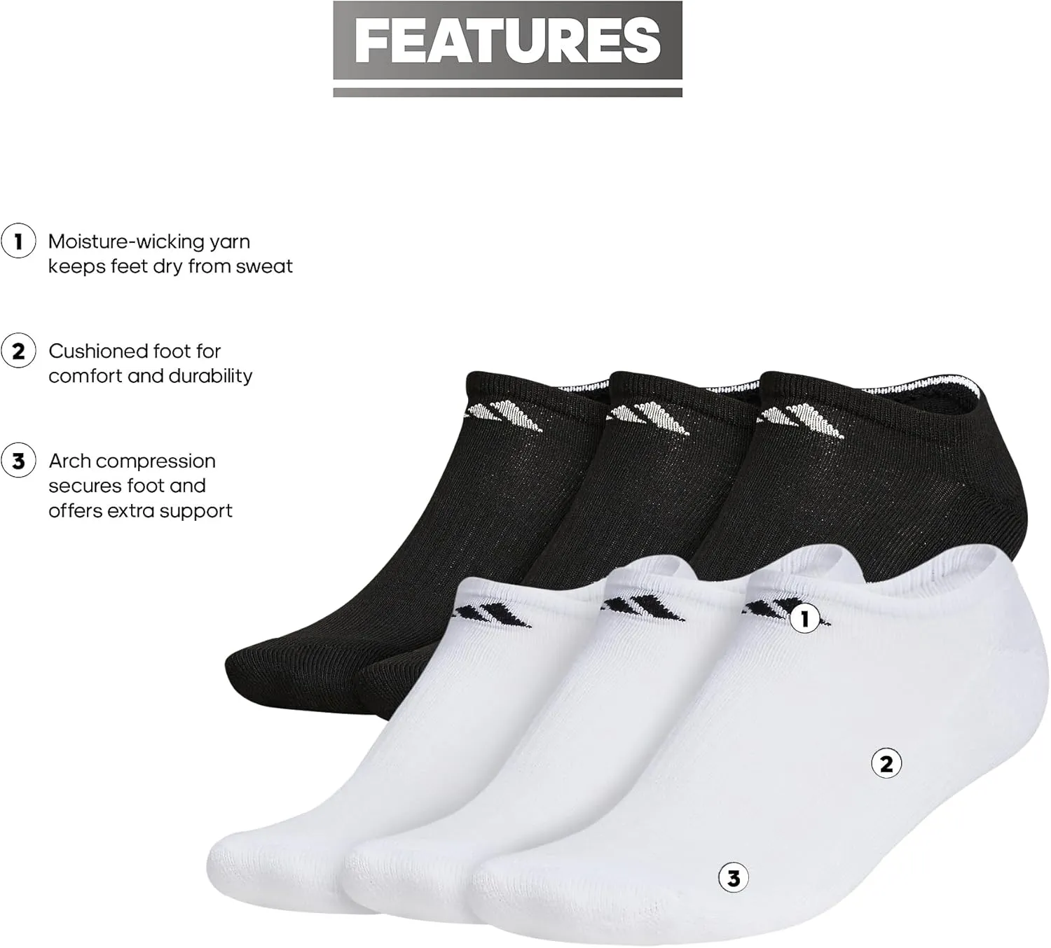 adidas Men's Athletic Cushioned Socks, 6-Pack No Show with Arch Support