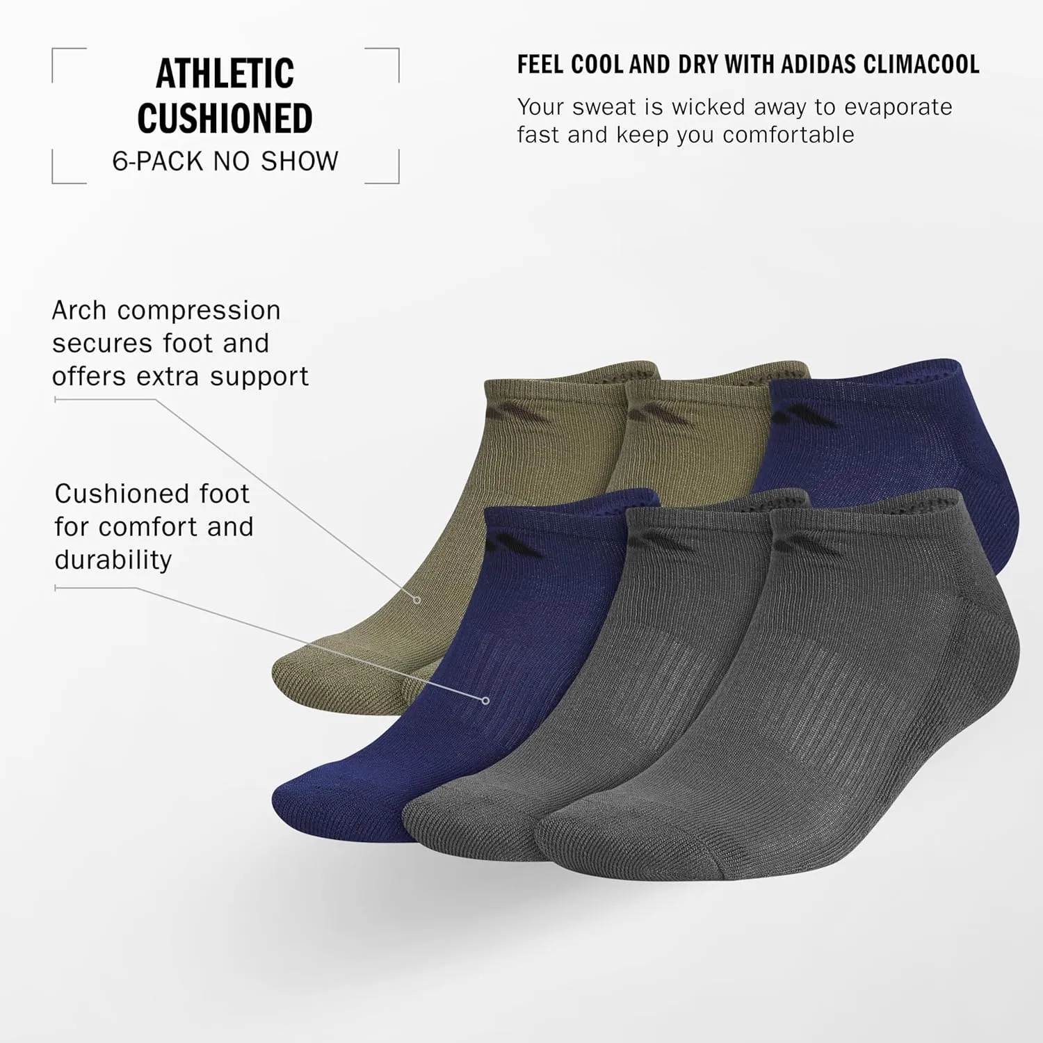 adidas Men's Athletic Cushioned Socks, 6-Pack No Show with Arch Support