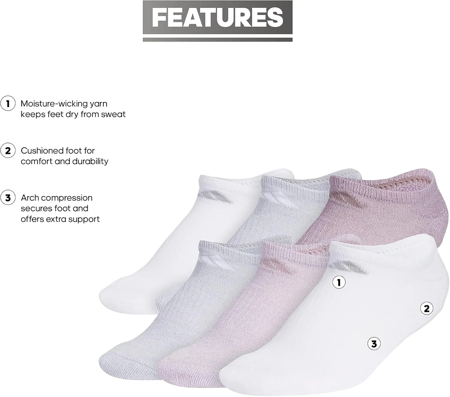 adidas Women's Athletic Cushioned 6-Pack No Show, Socks - No Show Socks for Secure Fit, Cushioned Comfort, Low Profile