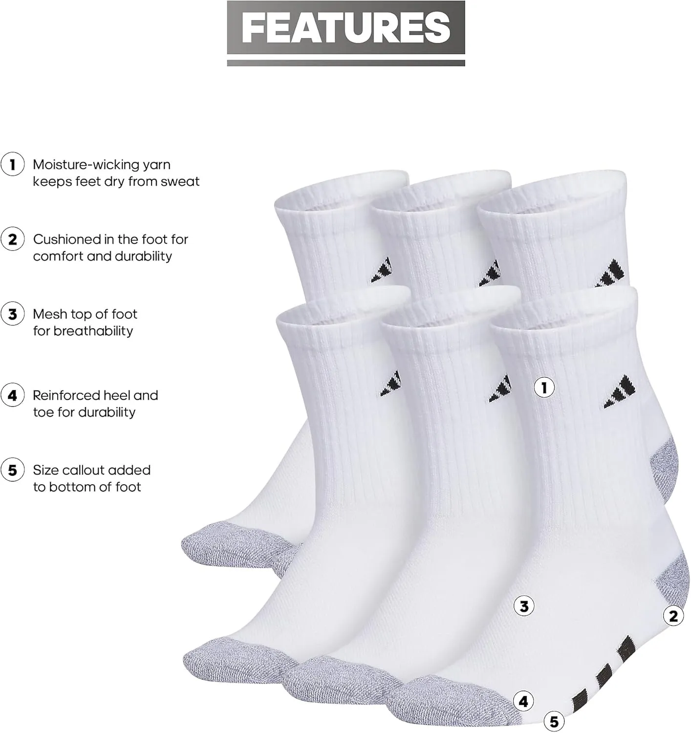 adidas Youth Athletic Cushioned 6-Pack Crew, Kid's Crew Socks for Sports, Durable & Breathable