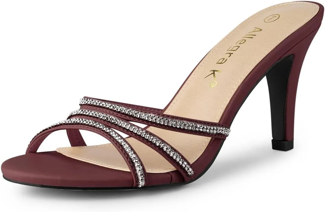 Allegra K Women's Open Toe Rhinestone Strappy Stiletto Heels Sandals Slip On Slip On Mules