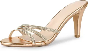 Allegra K Women's Open Toe Rhinestone Strappy Stiletto Heels Sandals Slip On Slip On Mules