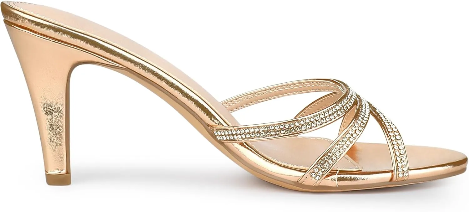 Allegra K Women's Open Toe Rhinestone Strappy Stiletto Heels Sandals Slip On Slip On Mules