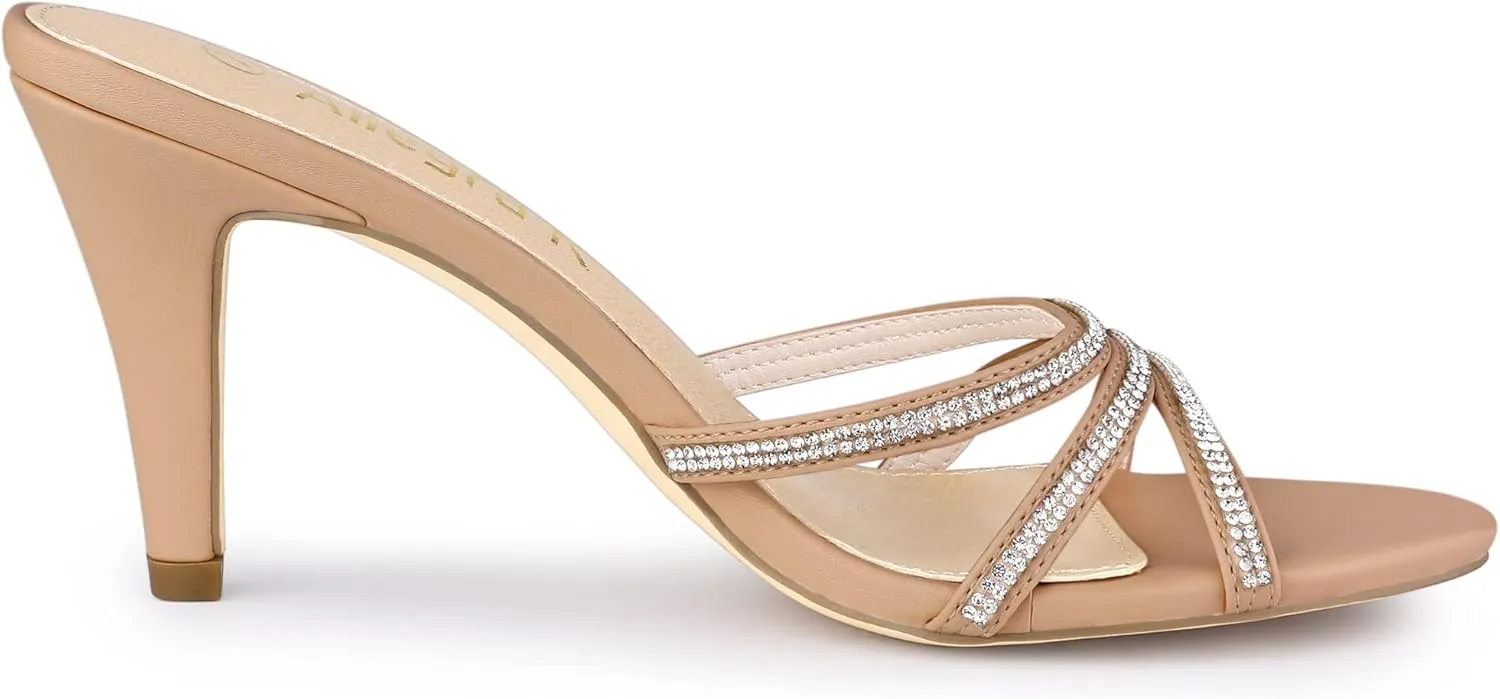 Allegra K Women's Open Toe Rhinestone Strappy Stiletto Heels Sandals Slip On Slip On Mules