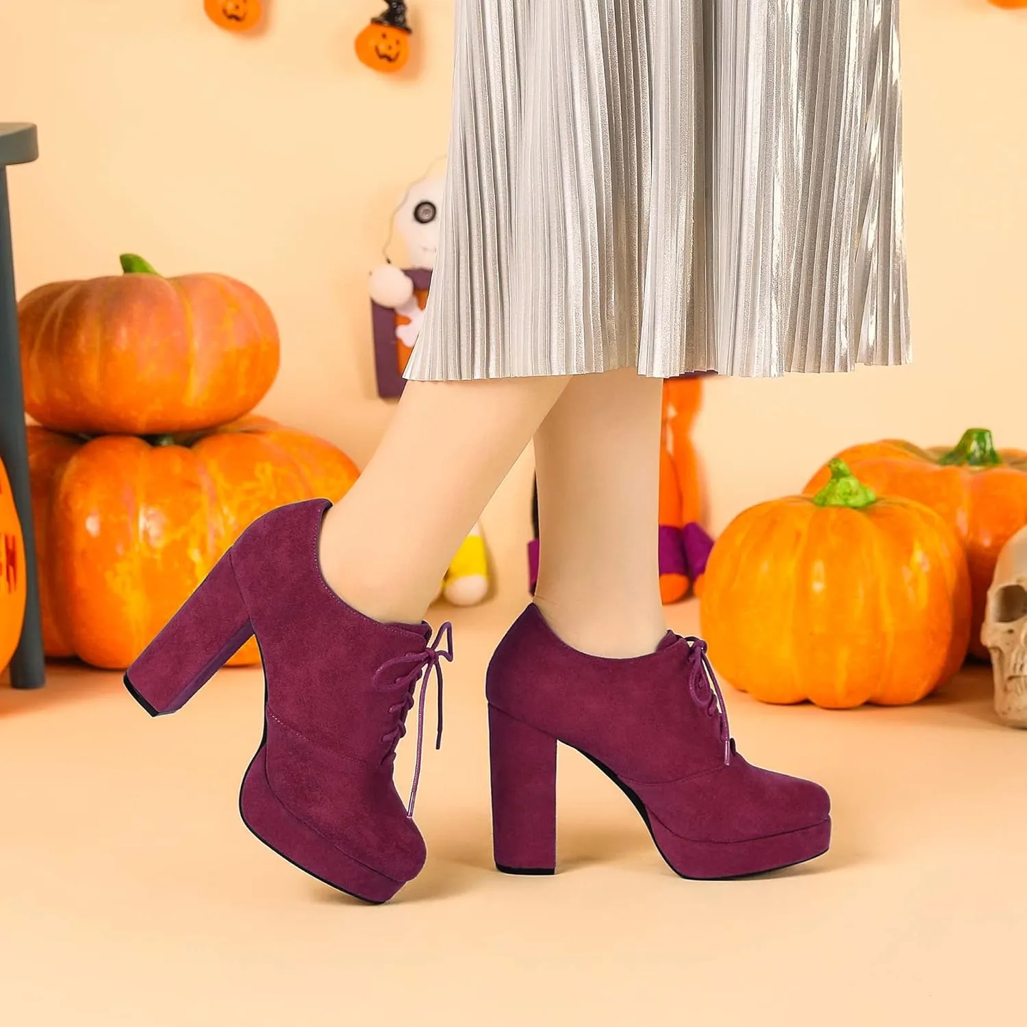 Allegra K Women's Platform Chunky Heel Lace Up Booties