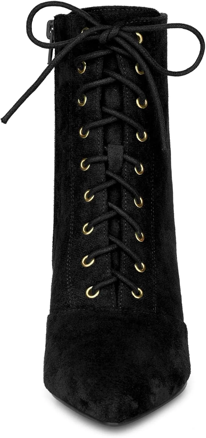 Allegra K Women's Pointy Toe Side Zip Lace Up Stiletto Heels Ankle Boots