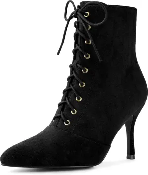 Allegra K Women's Pointy Toe Side Zip Lace Up Stiletto Heels Ankle Boots