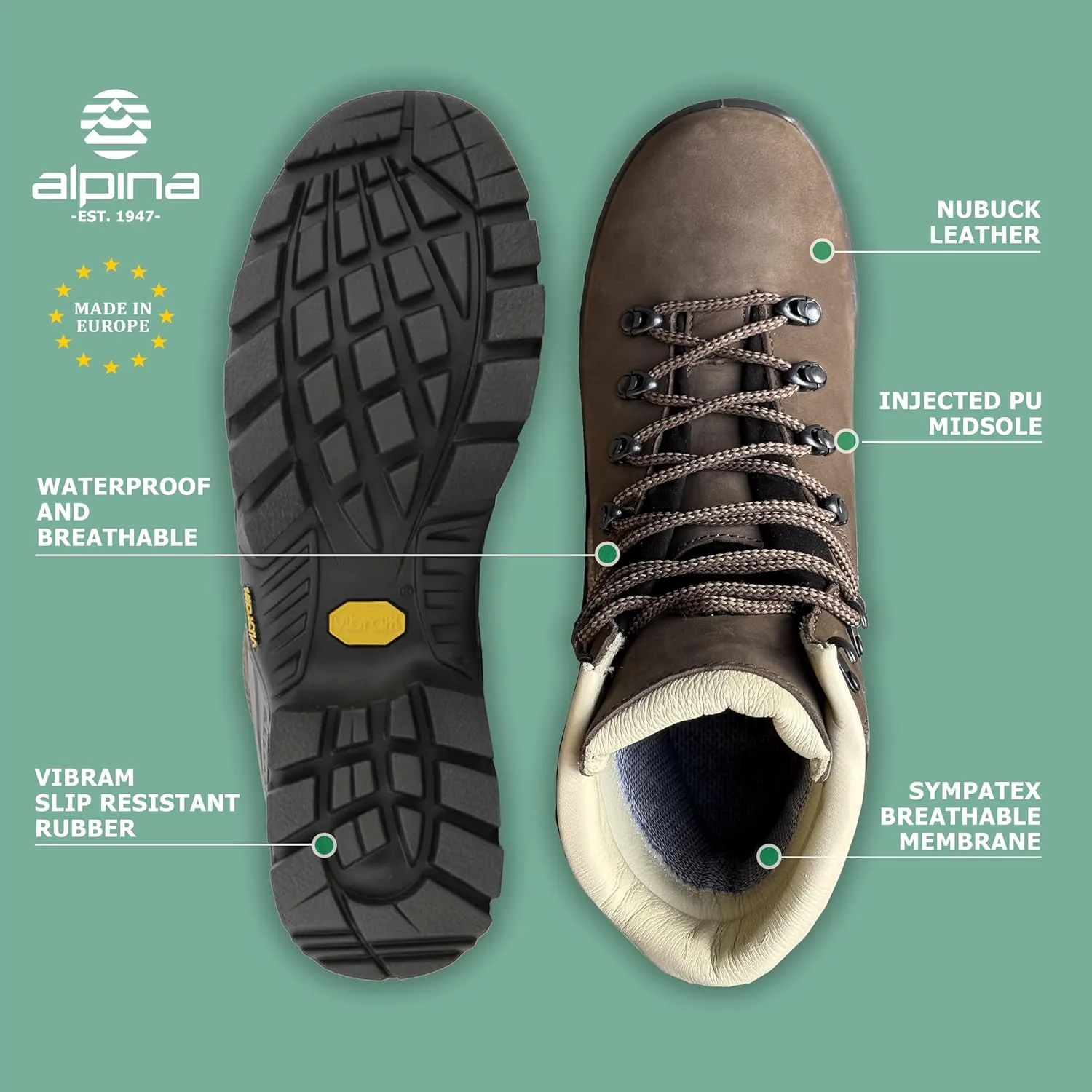 Alpina TIBET Women's Waterproof Boots - Hiking | Backpacking | Mountaineering | Premium Waterproof Ankle High Shoes | Vibram Sole | Breathable Sympatex Membrane | Made in Europe